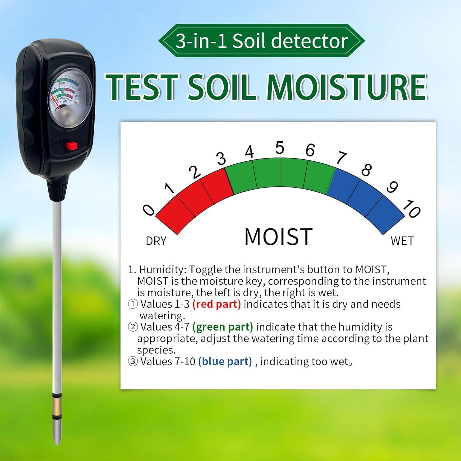 Tester de Suelo 3 en 1 Metellme - Medidor de Humedad, pH y Fertilidad