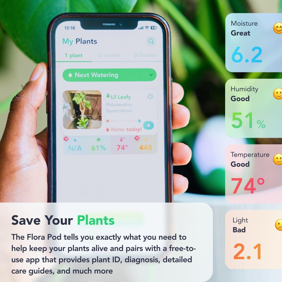 Monitor de Plantas Inteligente Flora Pod - Alertas de Salud
