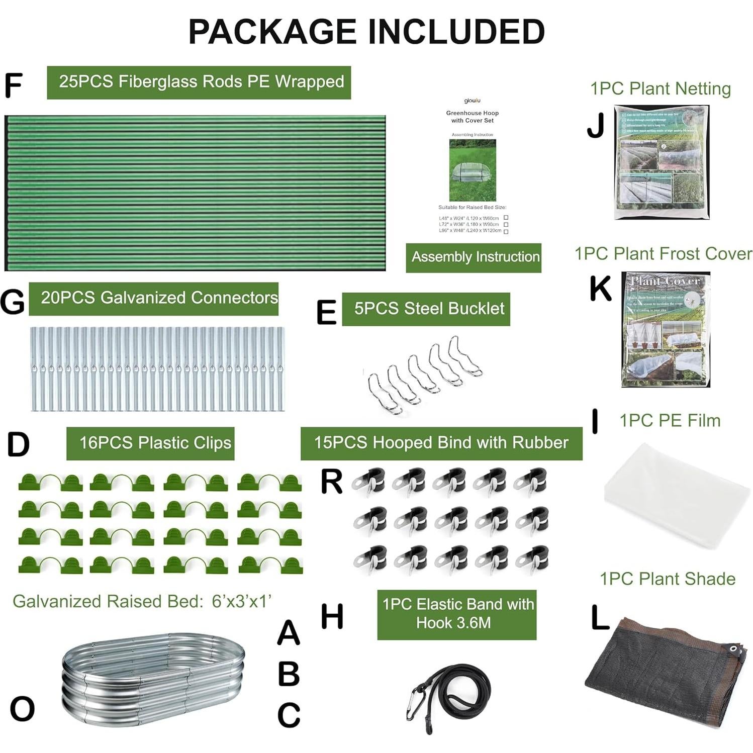 Cama Elevada Galvanizada Glowiu 180x90x30cm con Invernadero