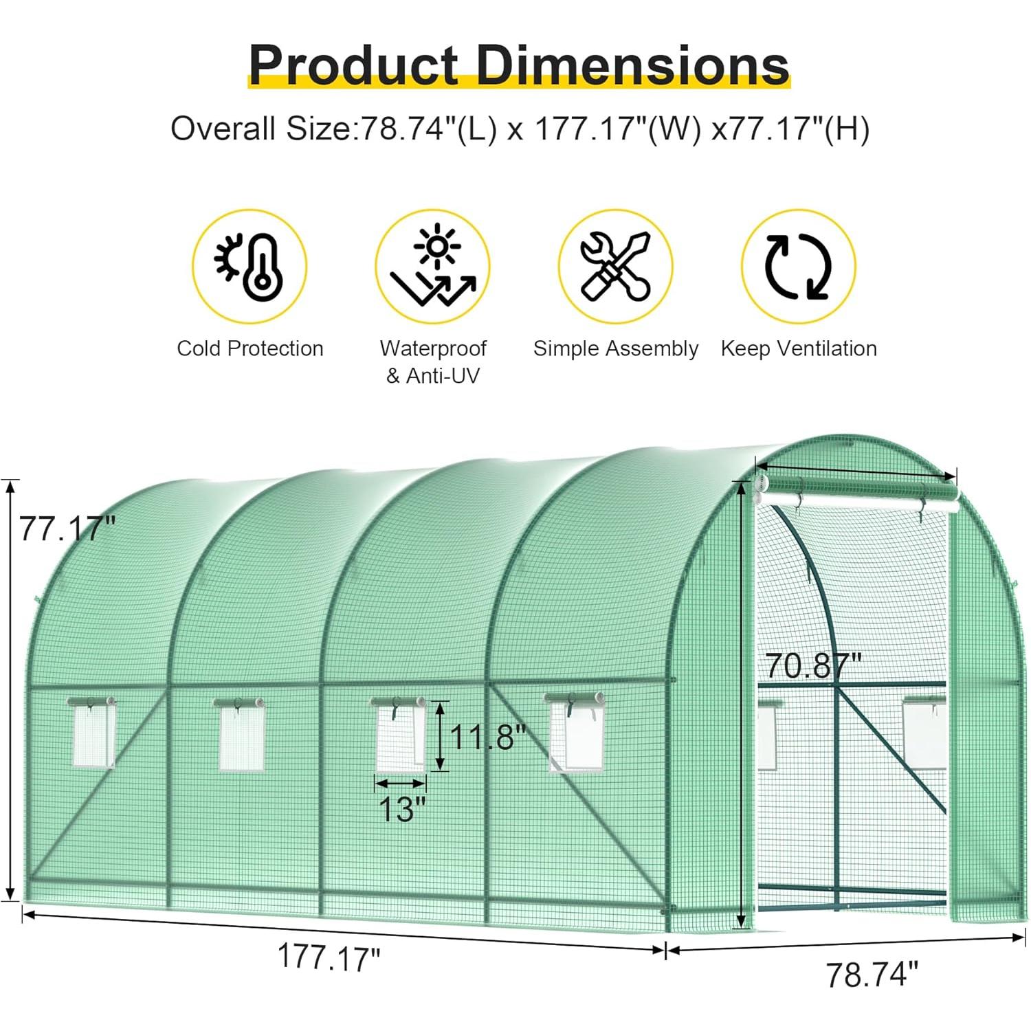 Invernadero de túnel Phonjoroo 4.57x2.13x2.13m con 6 ventanas