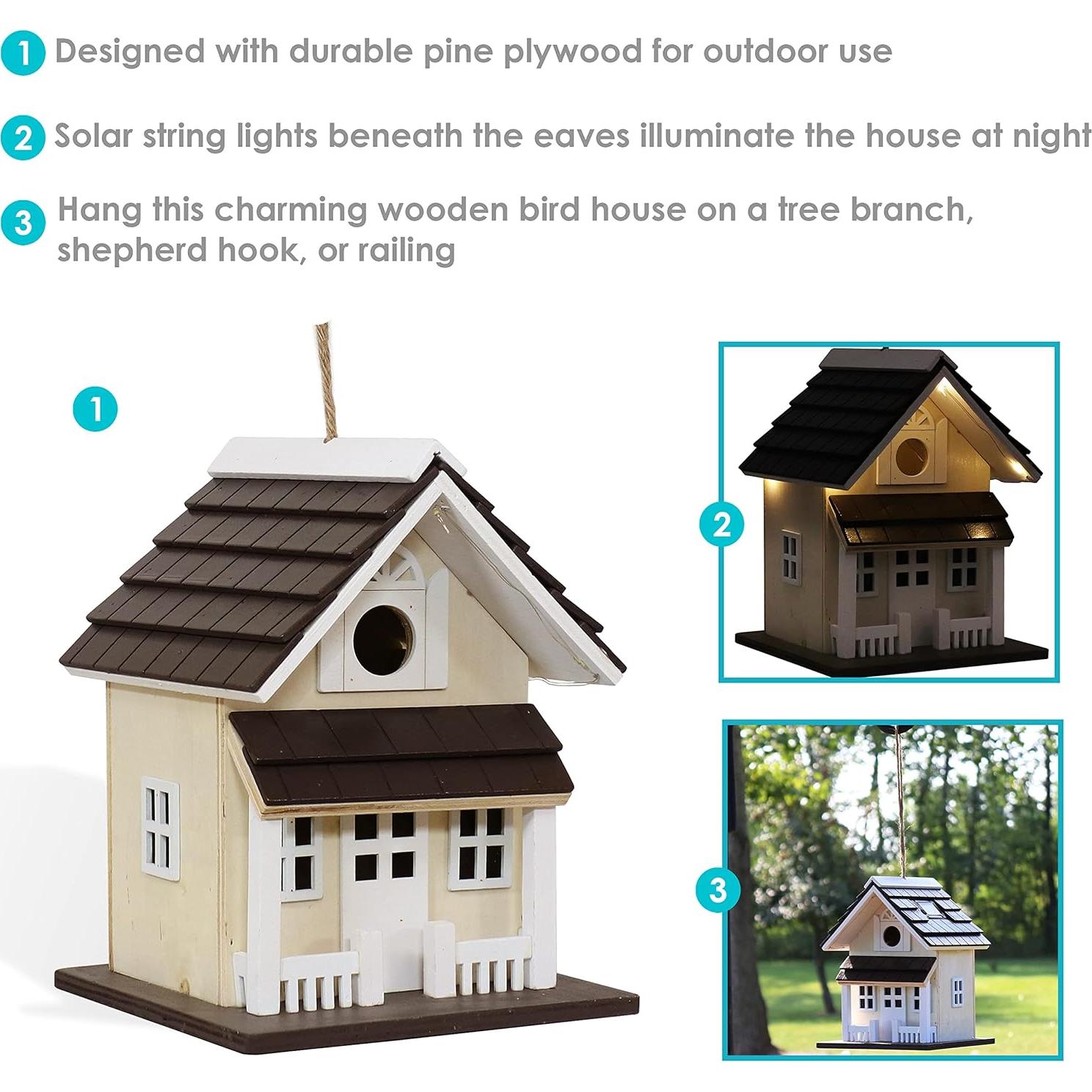 Casa de Aves de Madera Sunnydaze - Colgante con Luz Solar 23.5 cm