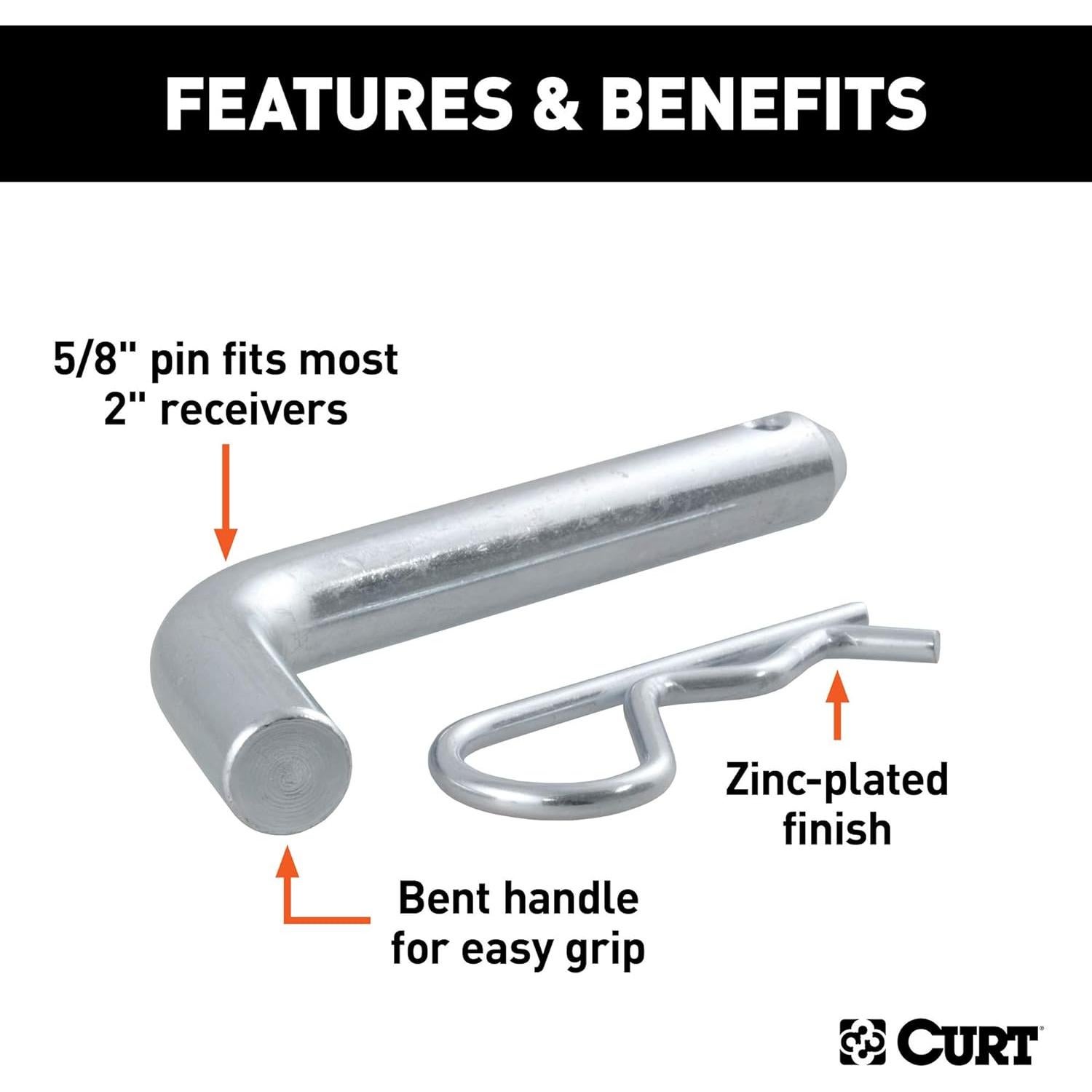 CURT 21500 Trailer Hitch Pin & Clip, 5/8-Inch Diameter, Fits 2-Inch Receiver