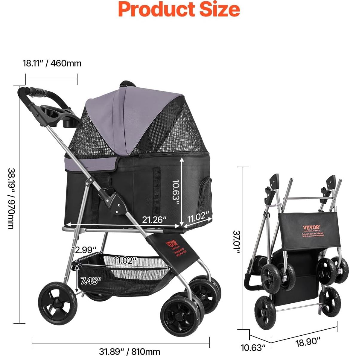 Carrito Plegable para Mascotas VEVOR 15 kg 4 Ruedas