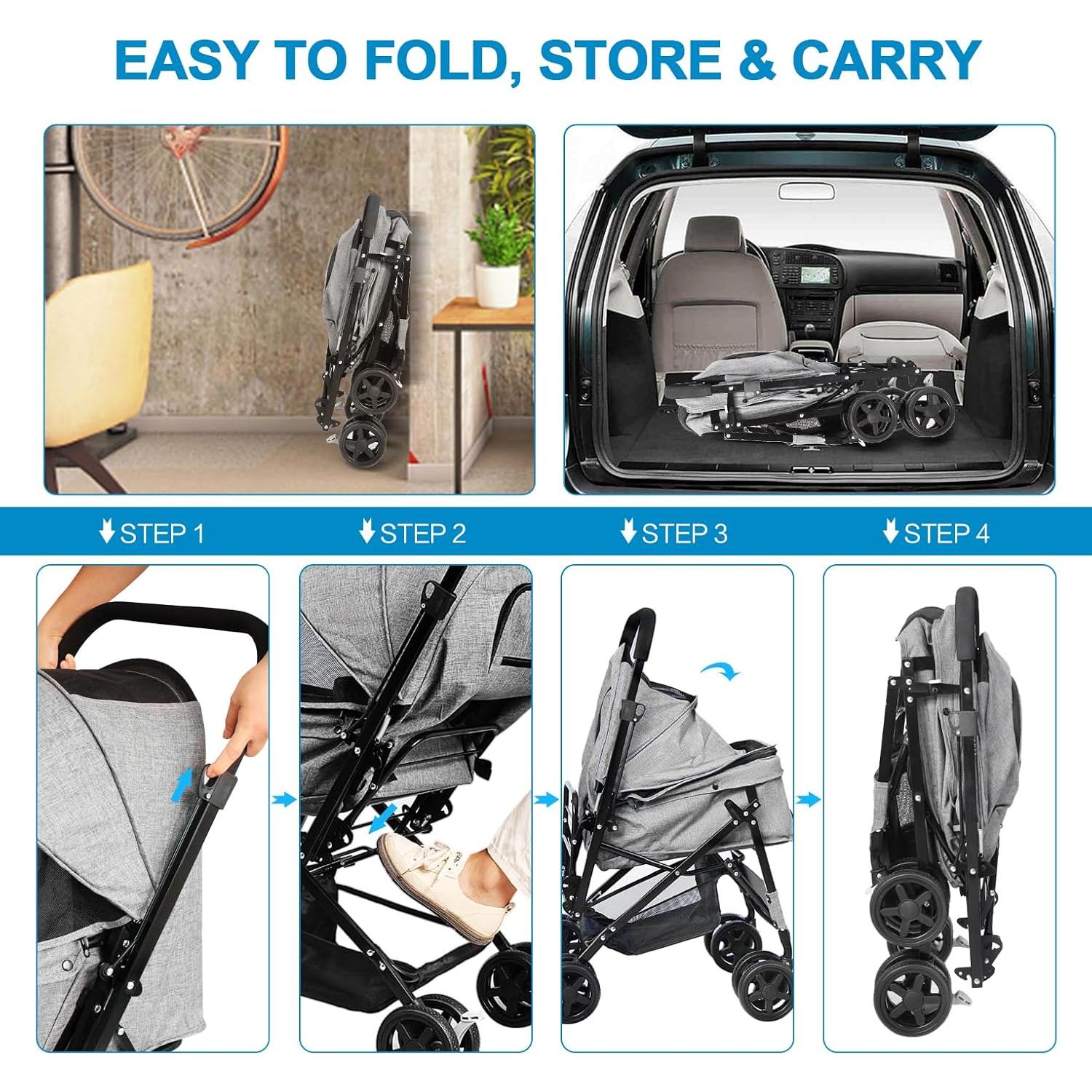 Carrito de Mascotas LPOTIUS Plegable Doble Gris 20 kg