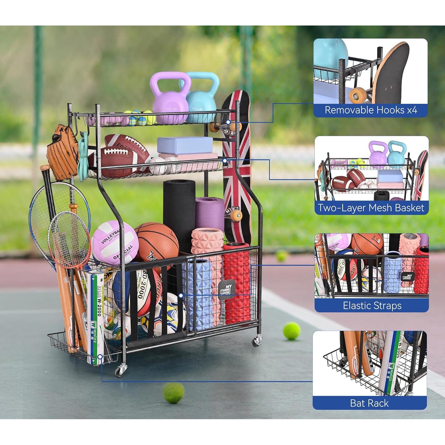 Organizador Deportivo Mythinglogic para Garaje con Ruedas y Ganchos