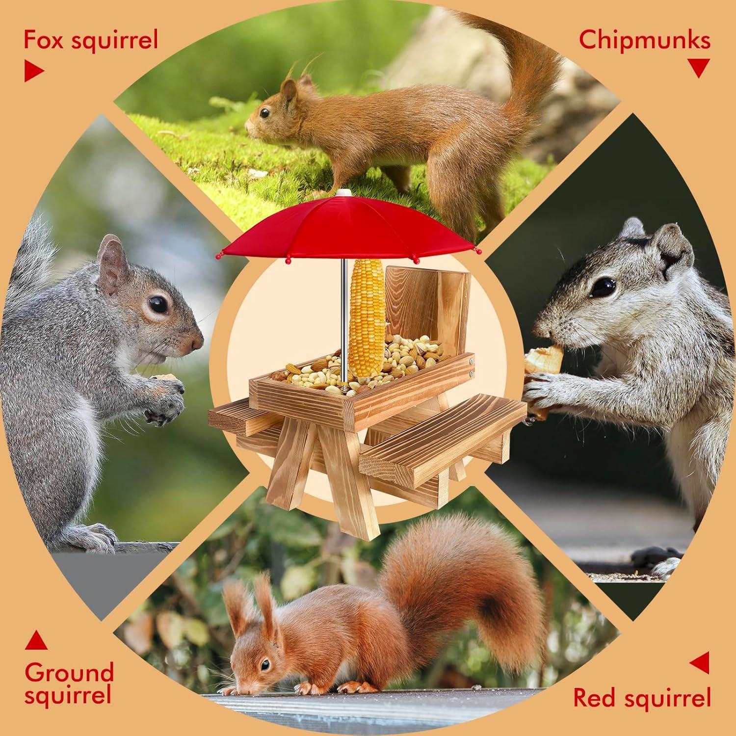 Mesa de Picnic para Alimentar Ardillas MQACPUPY - Exterior con Paraguas