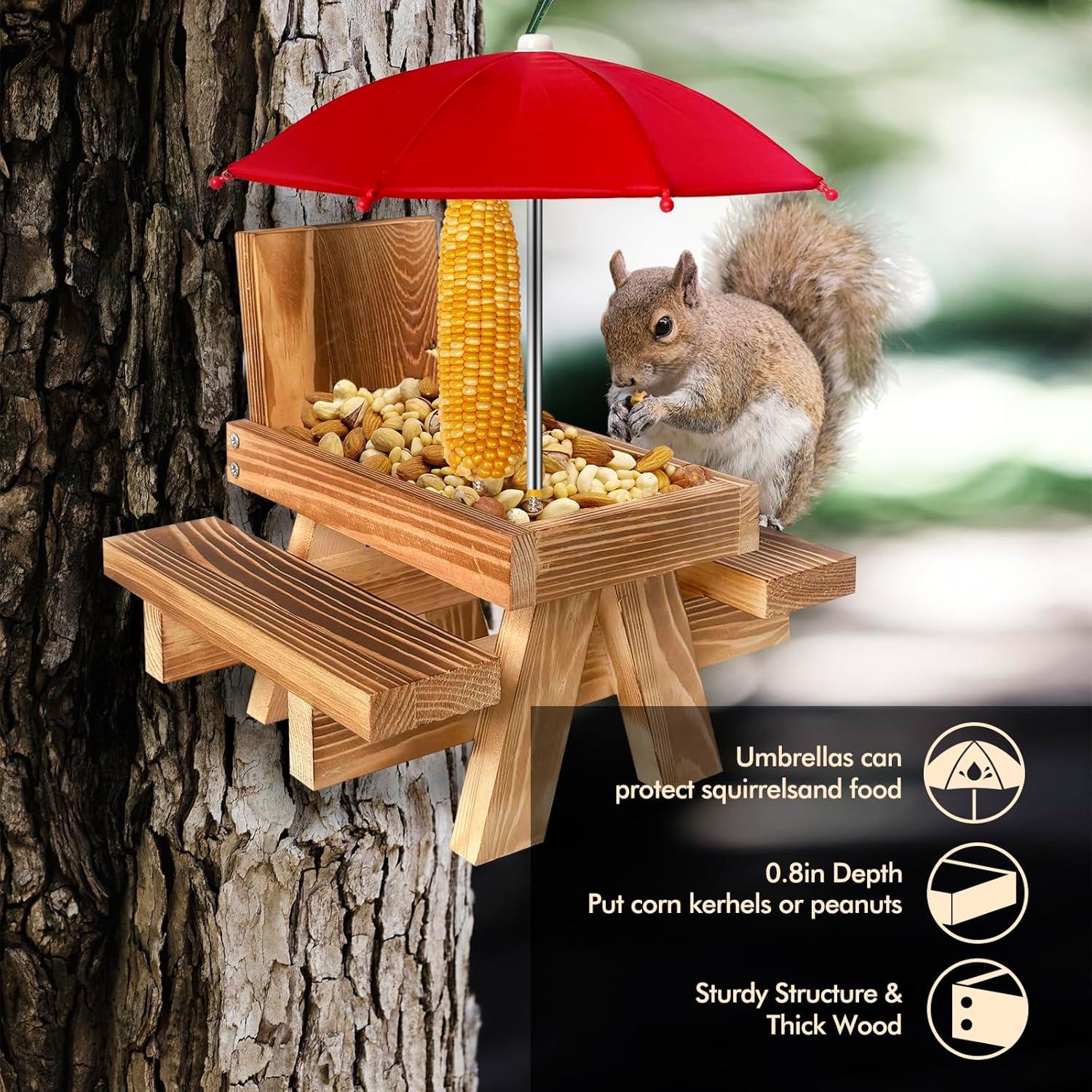 Mesa de Picnic para Alimentar Ardillas MQACPUPY - Exterior con Paraguas