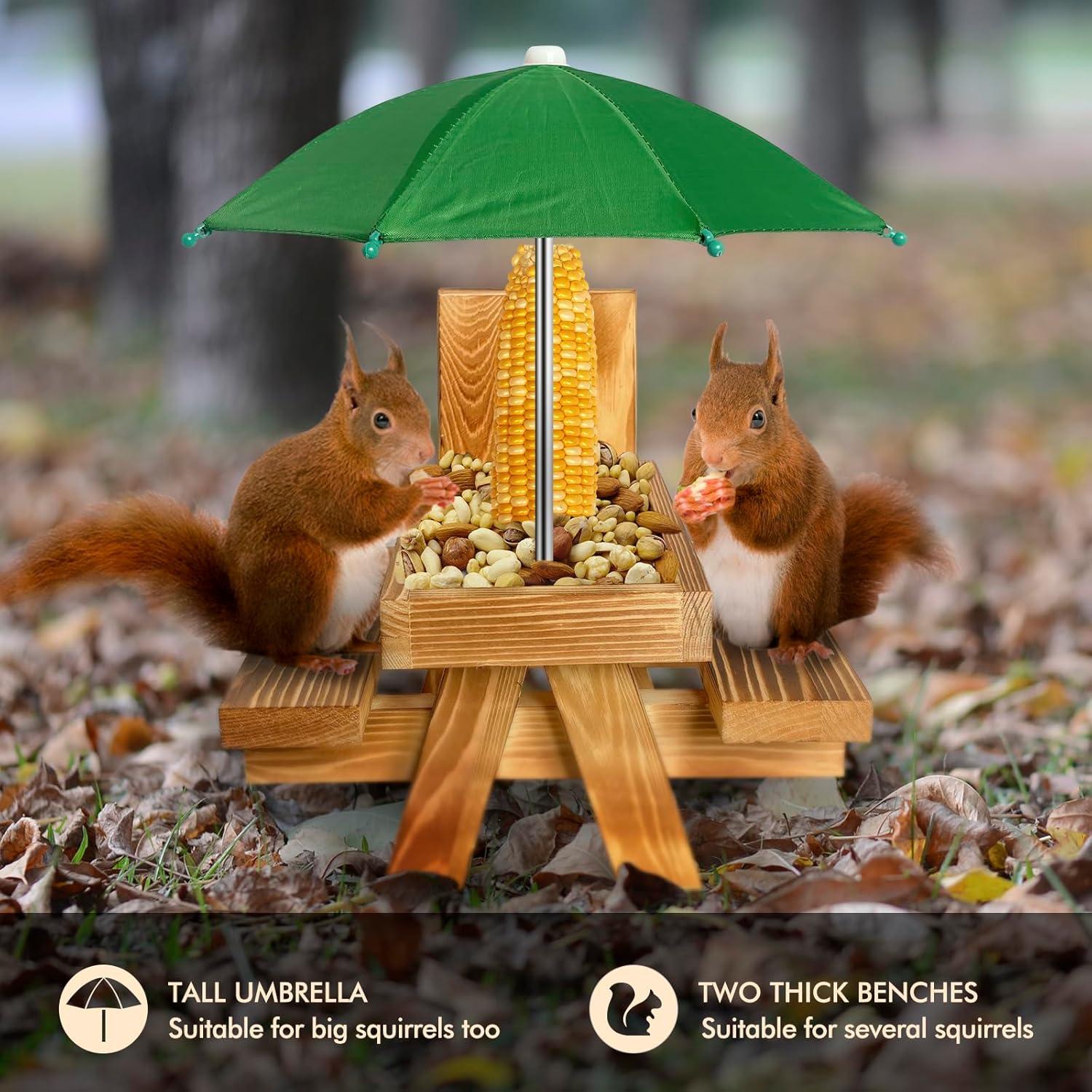 Mesa de Picnic para Alimentar Ardillas MQACPUPY - Exterior con Paraguas