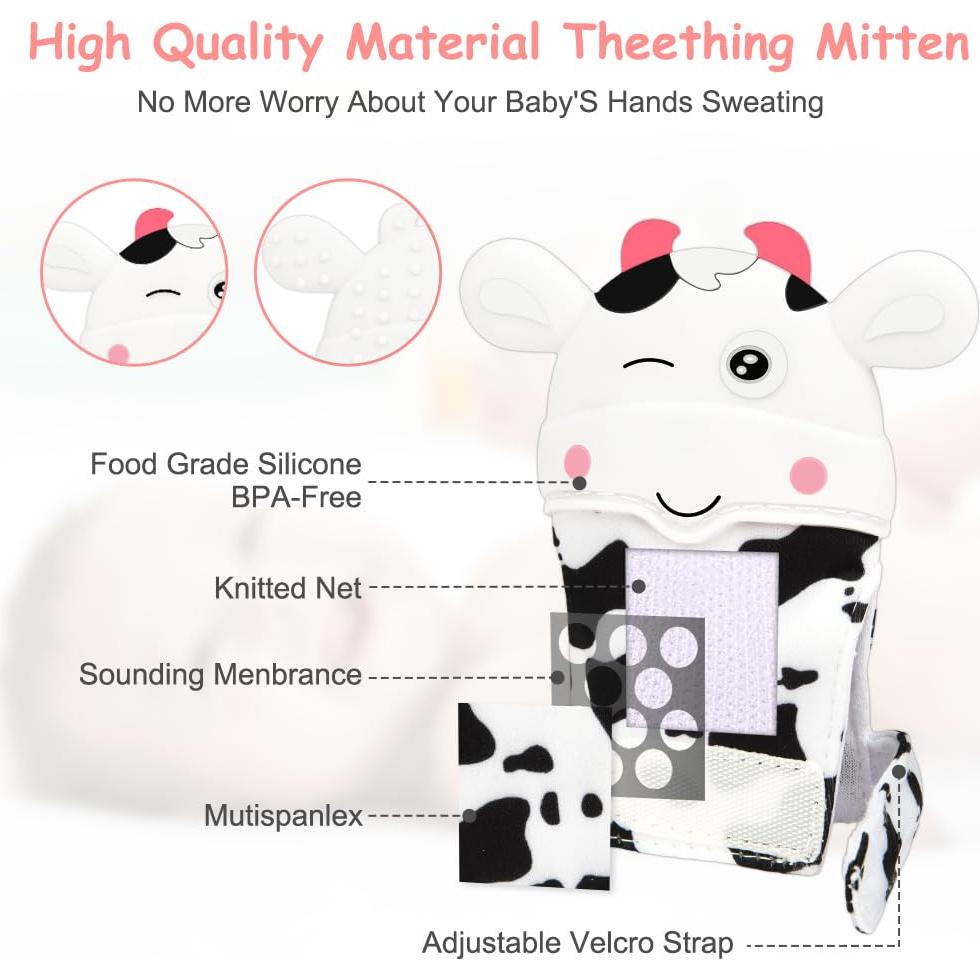 2 Mitones de Silicona para Dentición Bebés Vaca Blanca 0-12 Meses