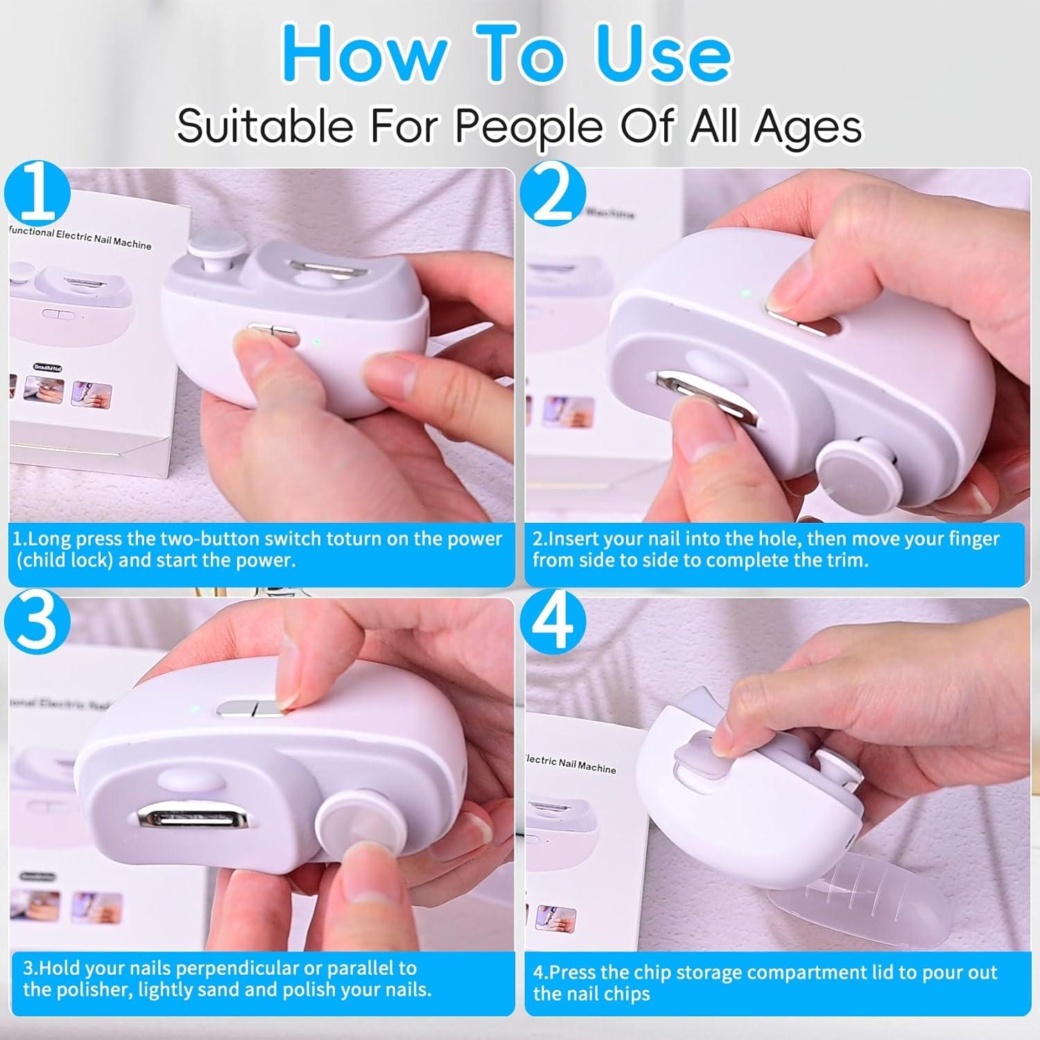 Cortador de Uñas Eléctrico 2 en 1 CCDobbs, USB, LED, Blanco