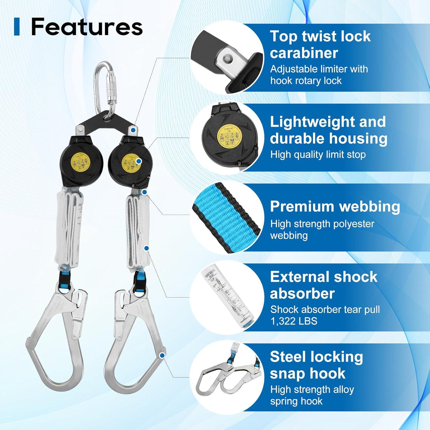 Cuerda de Seguridad Retráctil Doble Pierna Lonsge 6 pies