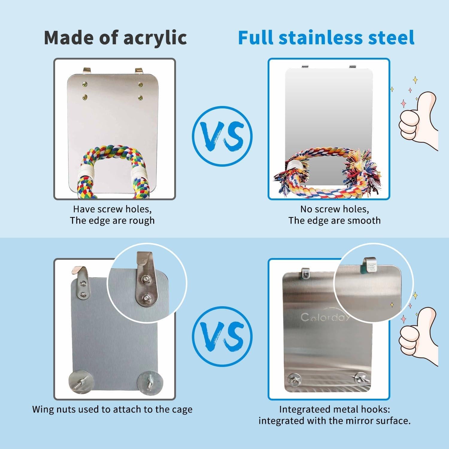 Espejo para Aves Colorday 13x18 cm con Percha de Cuerda