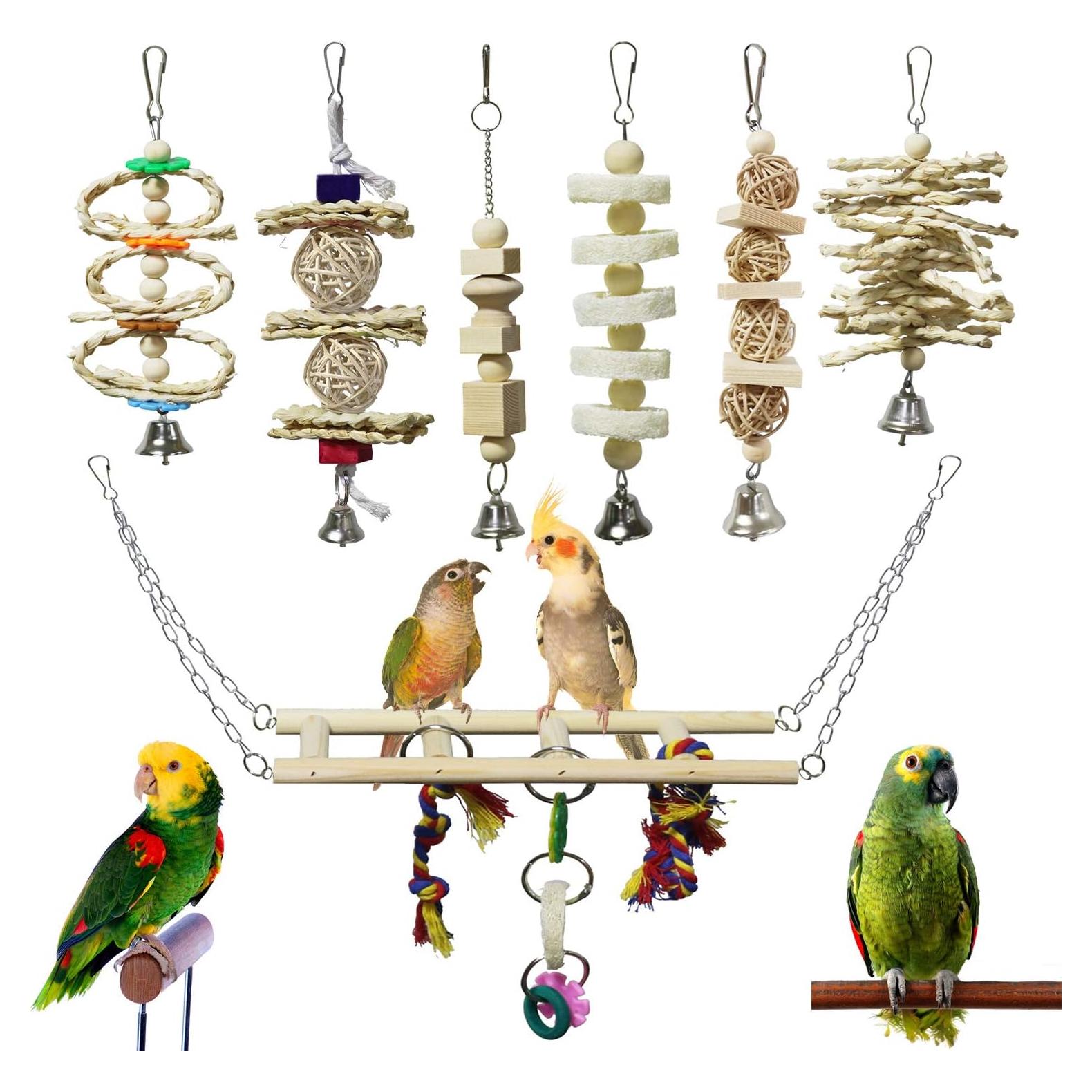 Paquete de 7 Juguetes para Aves BWOGUE - Madera Natural