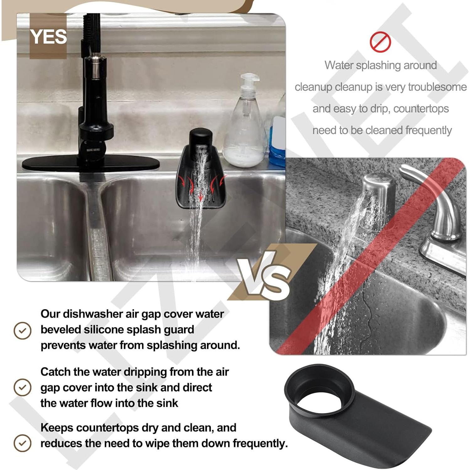 Black Dishwasher Air Gap ​Cover Water Ramp Silicone Splash ​Guard, Universal Accessory for Dishwasher Air Gap, 4° Overflow Spout Extender for Dishwasher - Drain Water Efficiently
