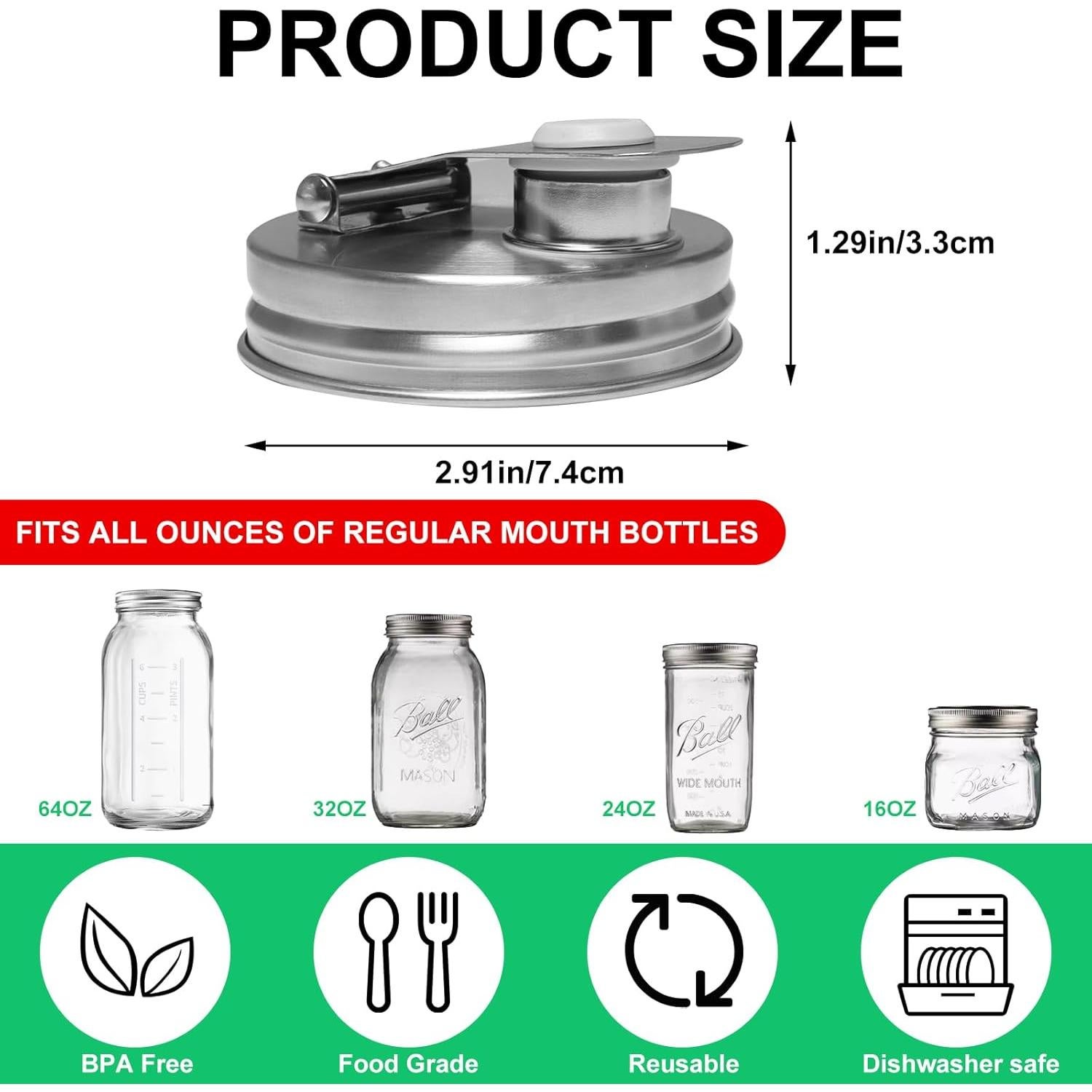 Tapa de vertedor de acero inoxidable Lenpestia para frascos Mason 70mm - 2 piezas
