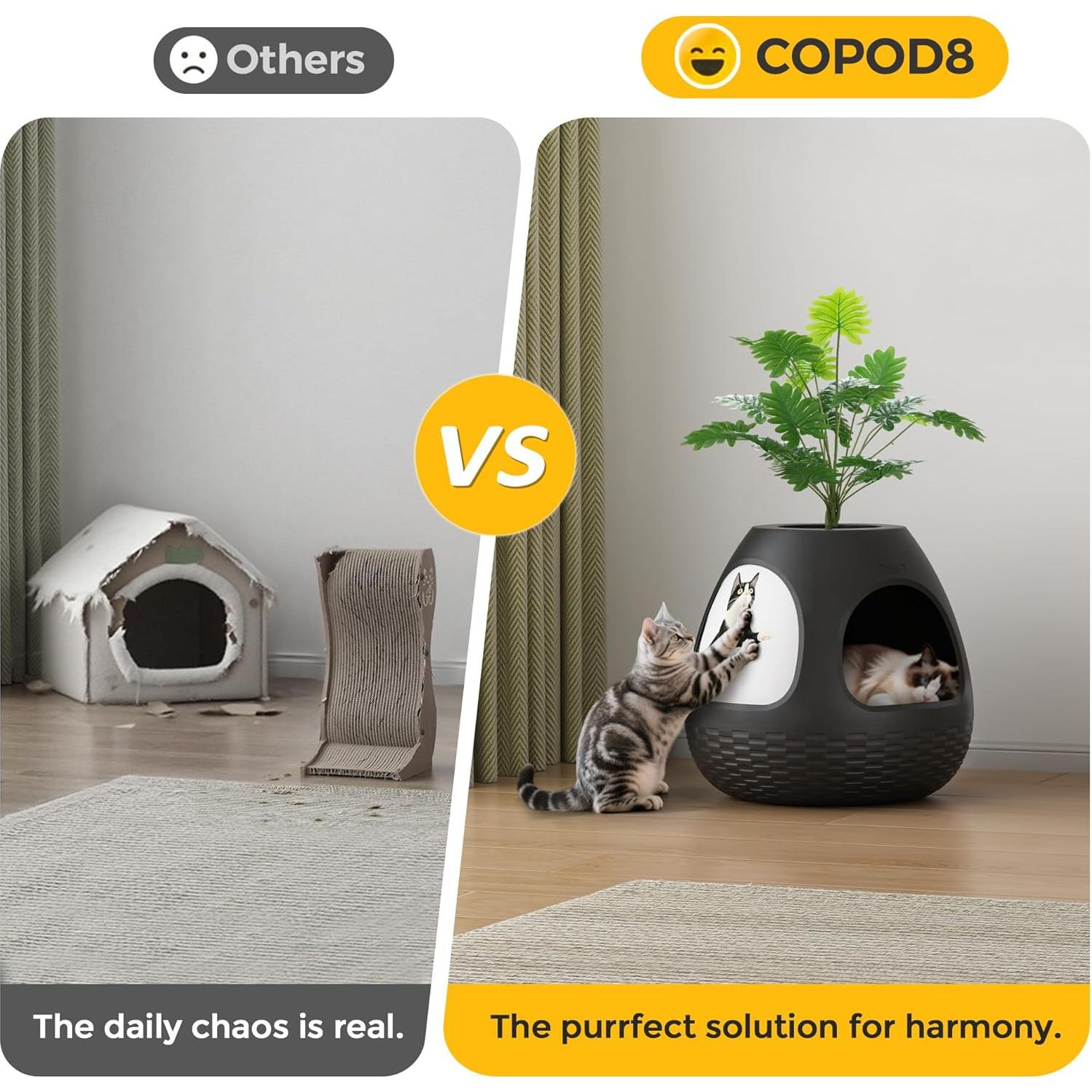 Cueva para Gatos Copod8 3-en-1 con Planta y Rascadores M Negro