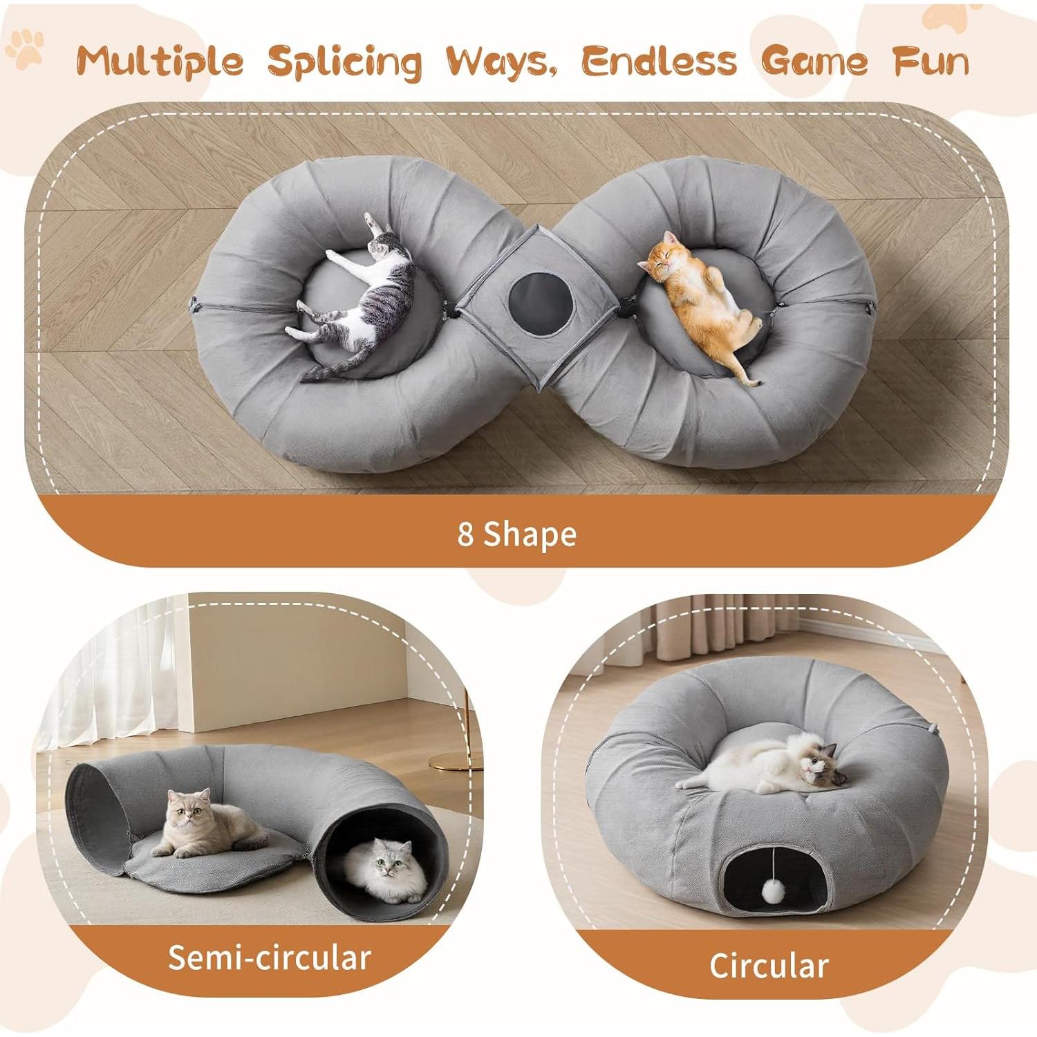 Cueva de Gato Pawaboo 2-en-1 con Túneles y Cojines Gris