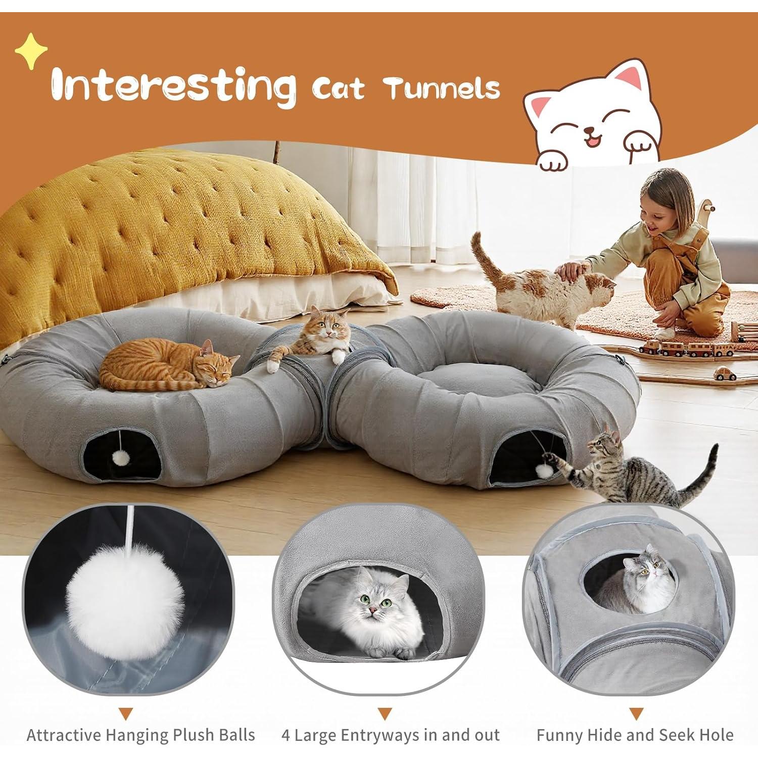 Cueva de Gato Pawaboo 2-en-1 con Túneles y Cojines Gris