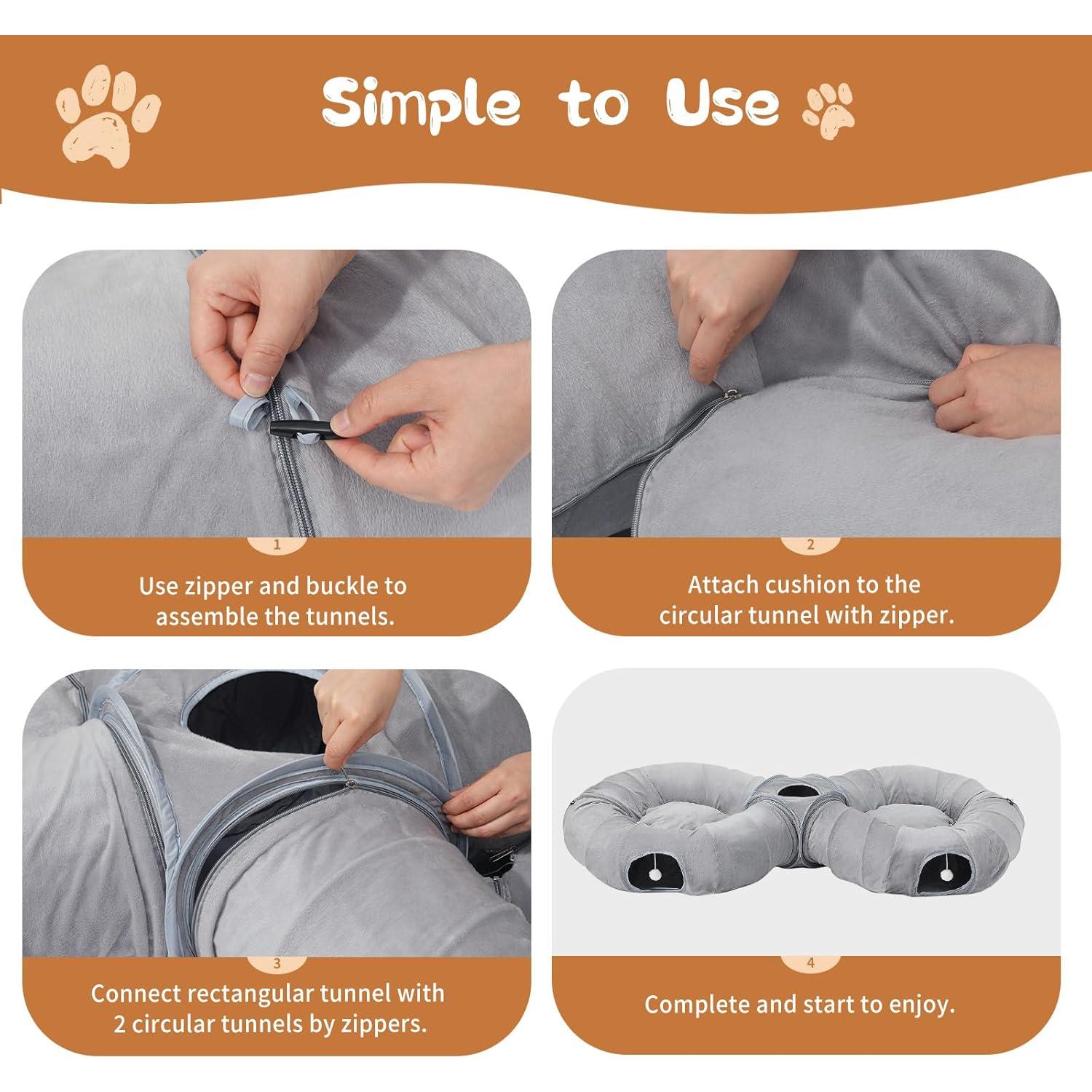 Cueva de Gato Pawaboo 2-en-1 con Túneles y Cojines Gris