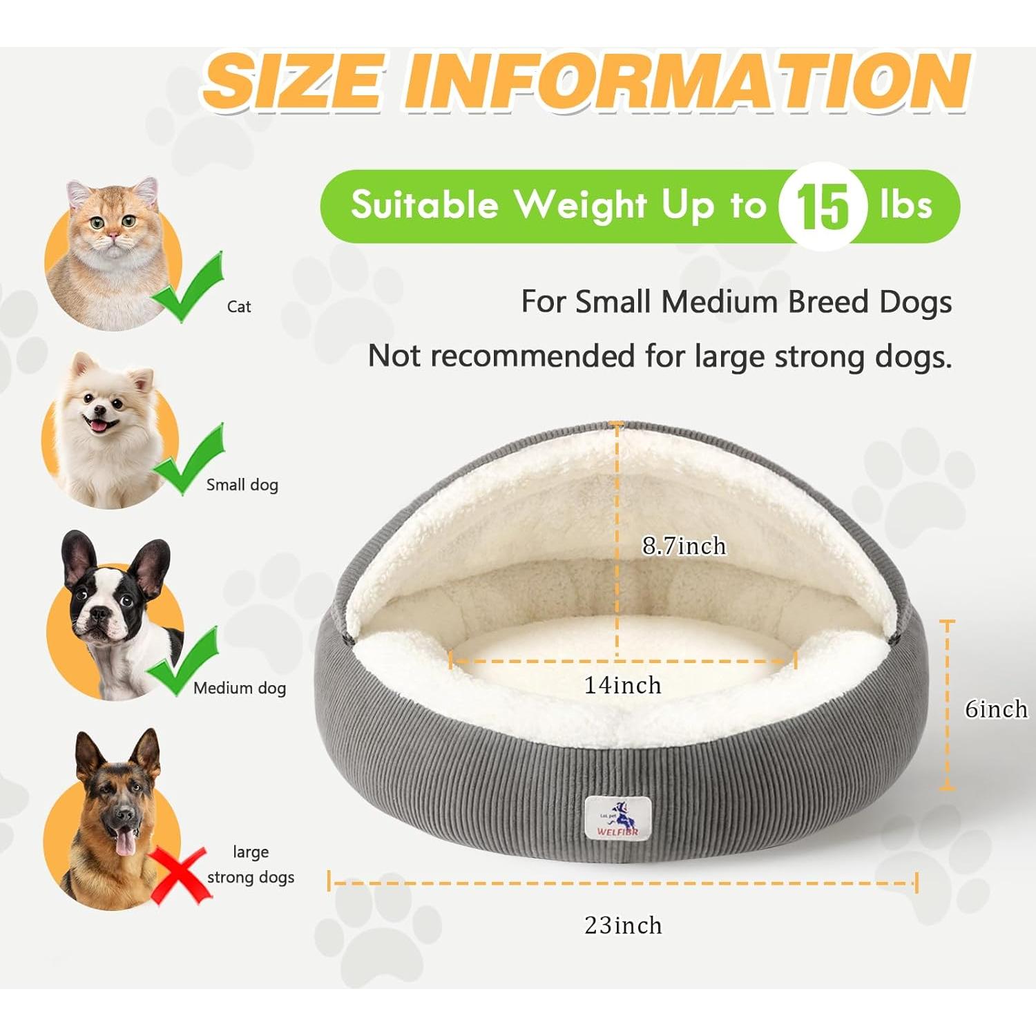 Cueva para mascotas Welfibr 60x60 cm gris, cama acogedora