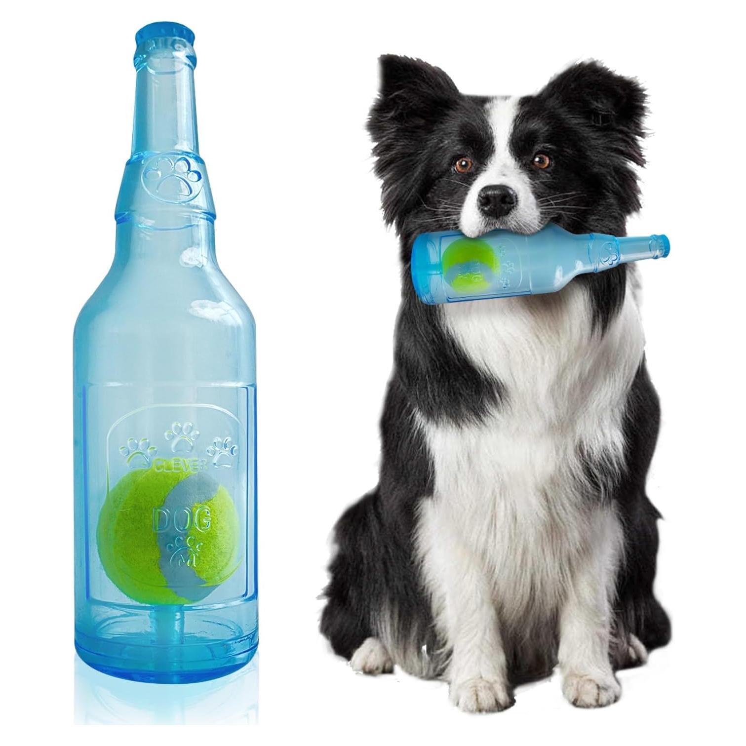 Juguete para Perros Qiuruoo Botella con Pelota Squeak Azul