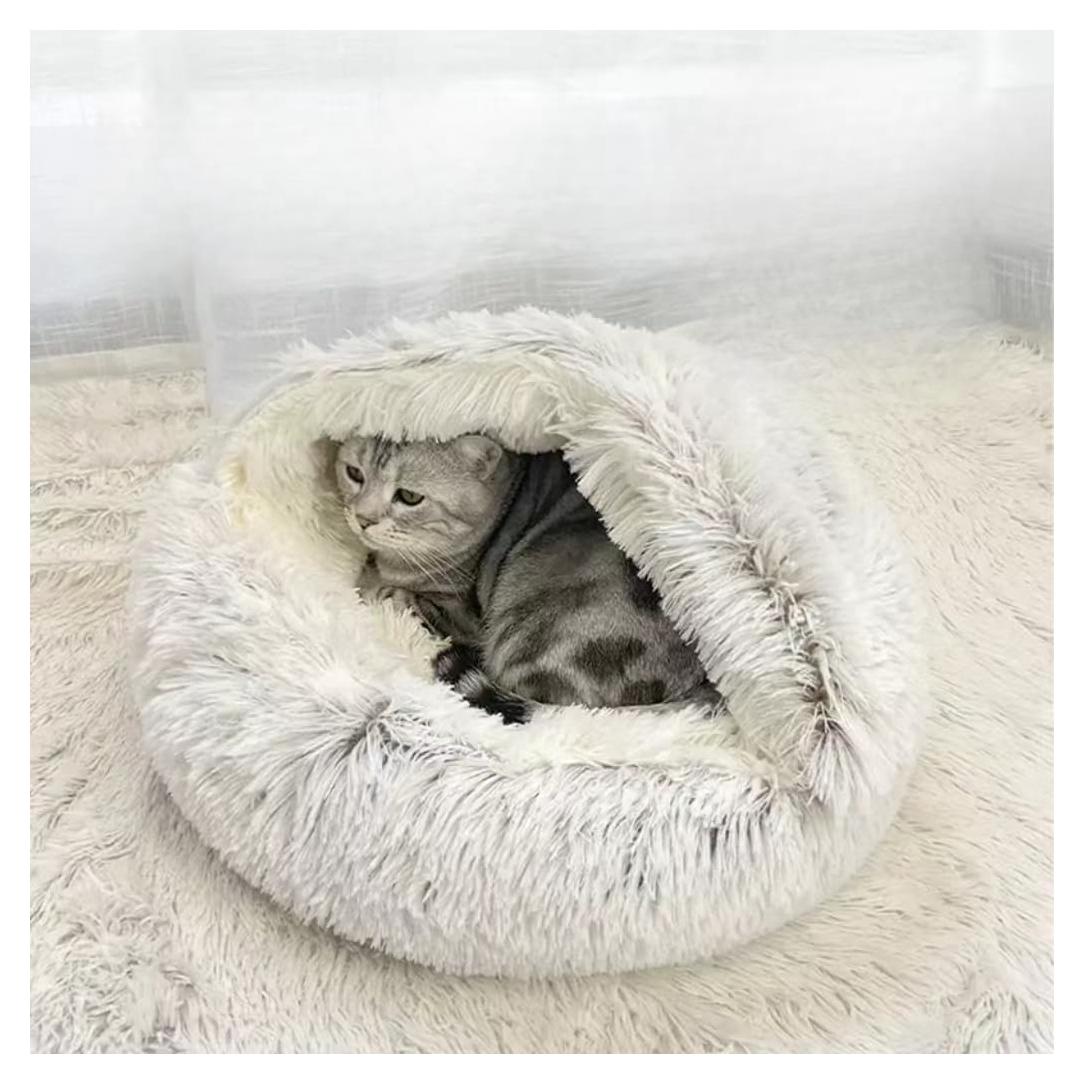 Cama para Gato Fluffy Mediana Gris con Capucha y Manta