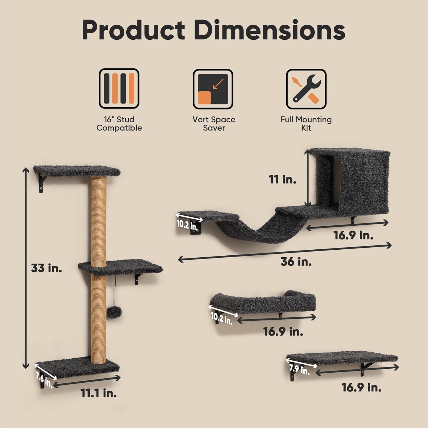 Estantes de Pared para Gatos FUKUMARU 4 en 1 Gris - Madera