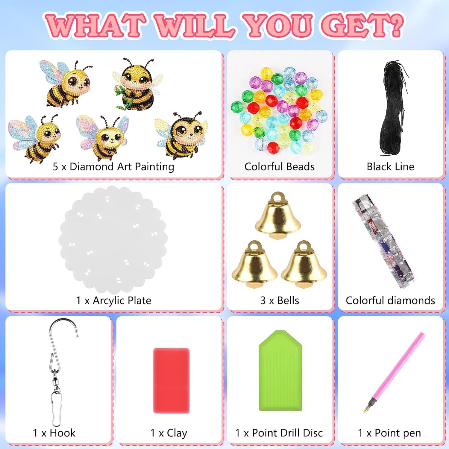 Kit de Campanas de Viento de Diamante Bowetile Abeja 9 Piezas