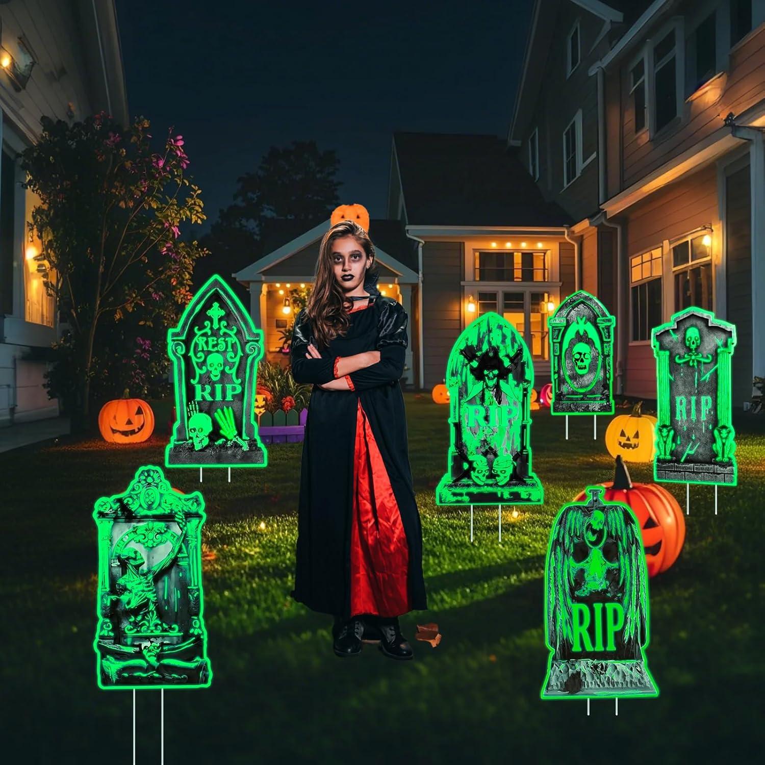 6 Lápidas Luminosas de Halloween con Estacas - Decoración Jardín
