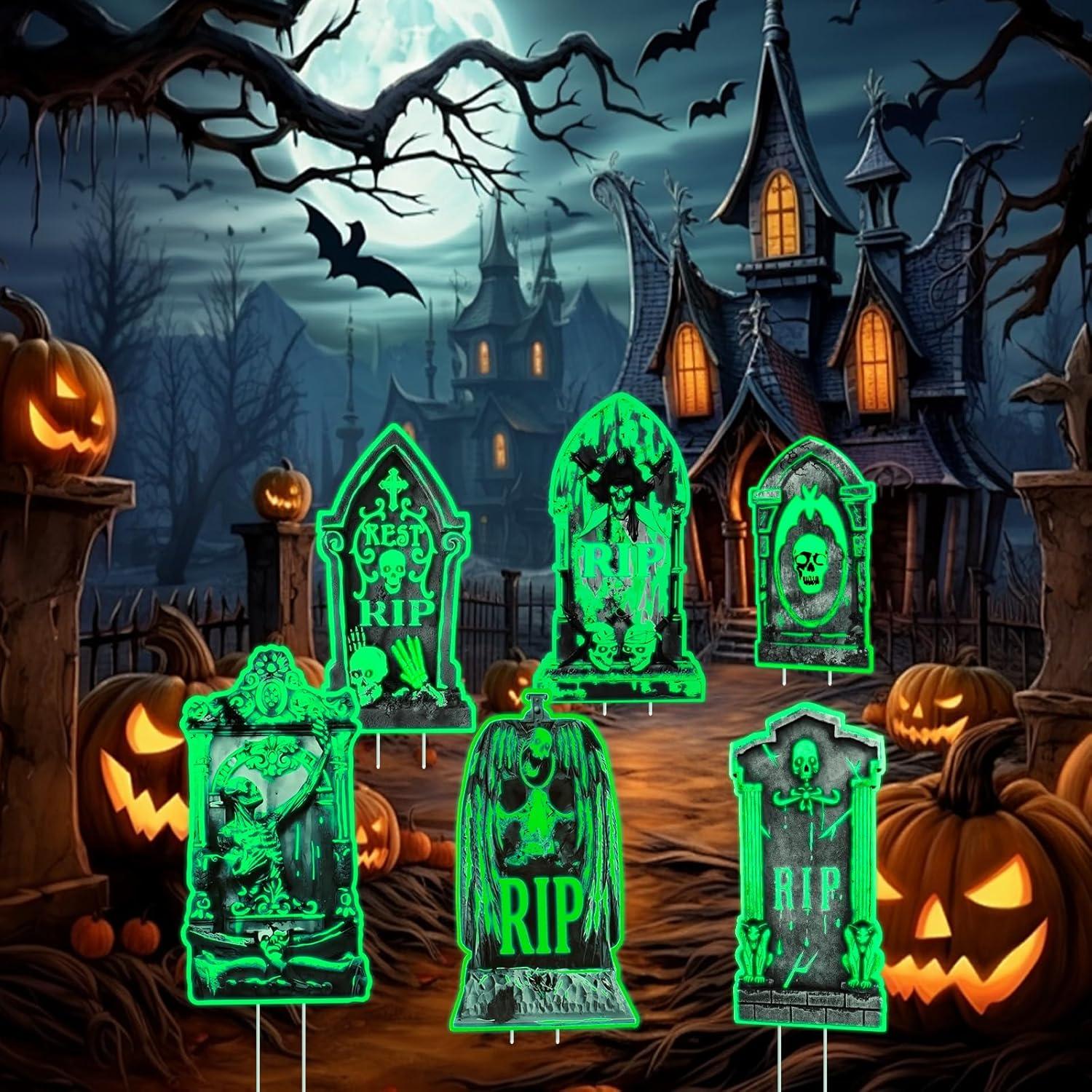 6 Lápidas Luminosas de Halloween con Estacas - Decoración Jardín
