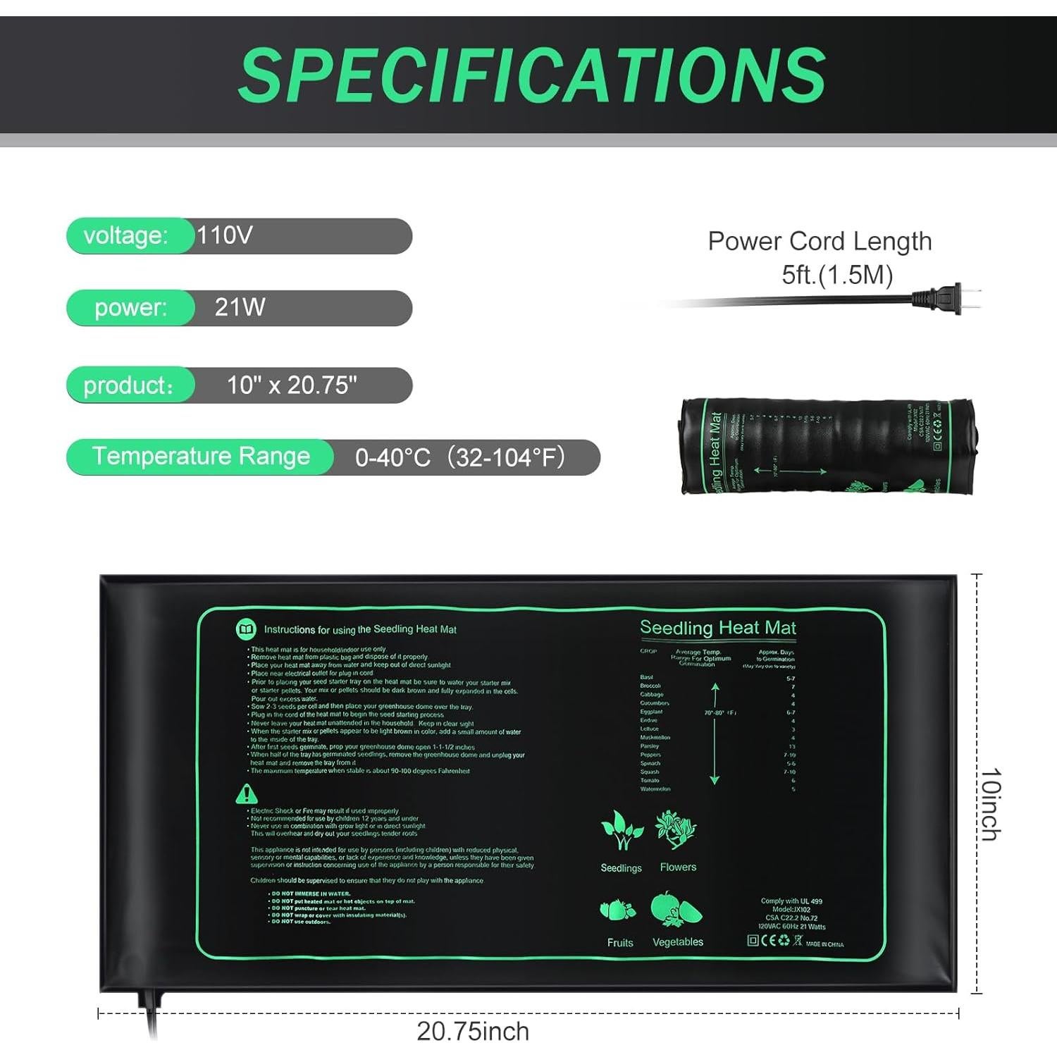 8 Almohadillas Térmicas para Plántulas ROCEEI 25.4x52.7 cm