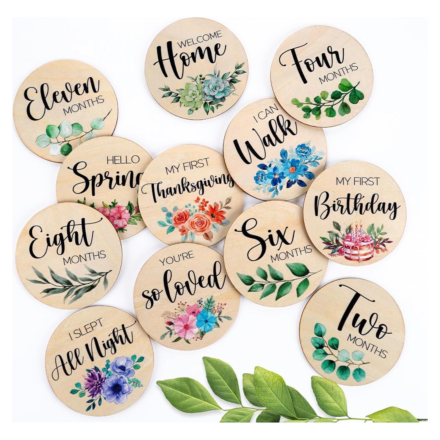 Tarjetas de Hitos Mensuales para Bebés HOUISM - 12 Discos de Madera