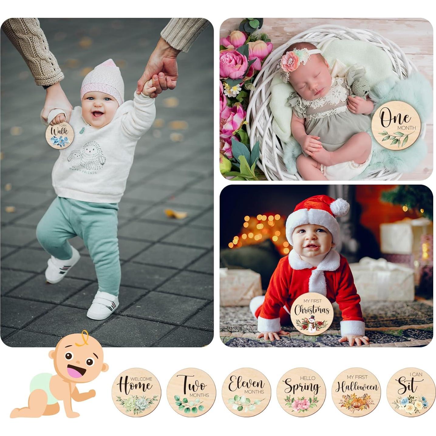 Tarjetas de Hitos Mensuales para Bebés HOUISM - 12 Discos de Madera