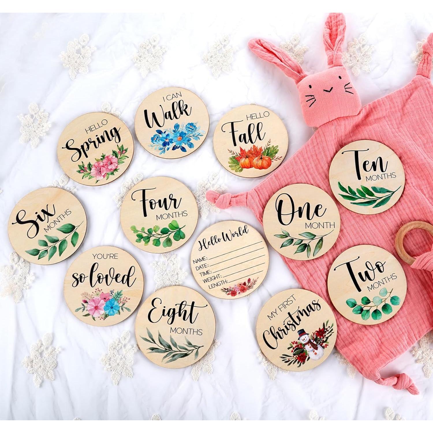 Tarjetas de Hitos Mensuales para Bebés HOUISM - 12 Discos de Madera