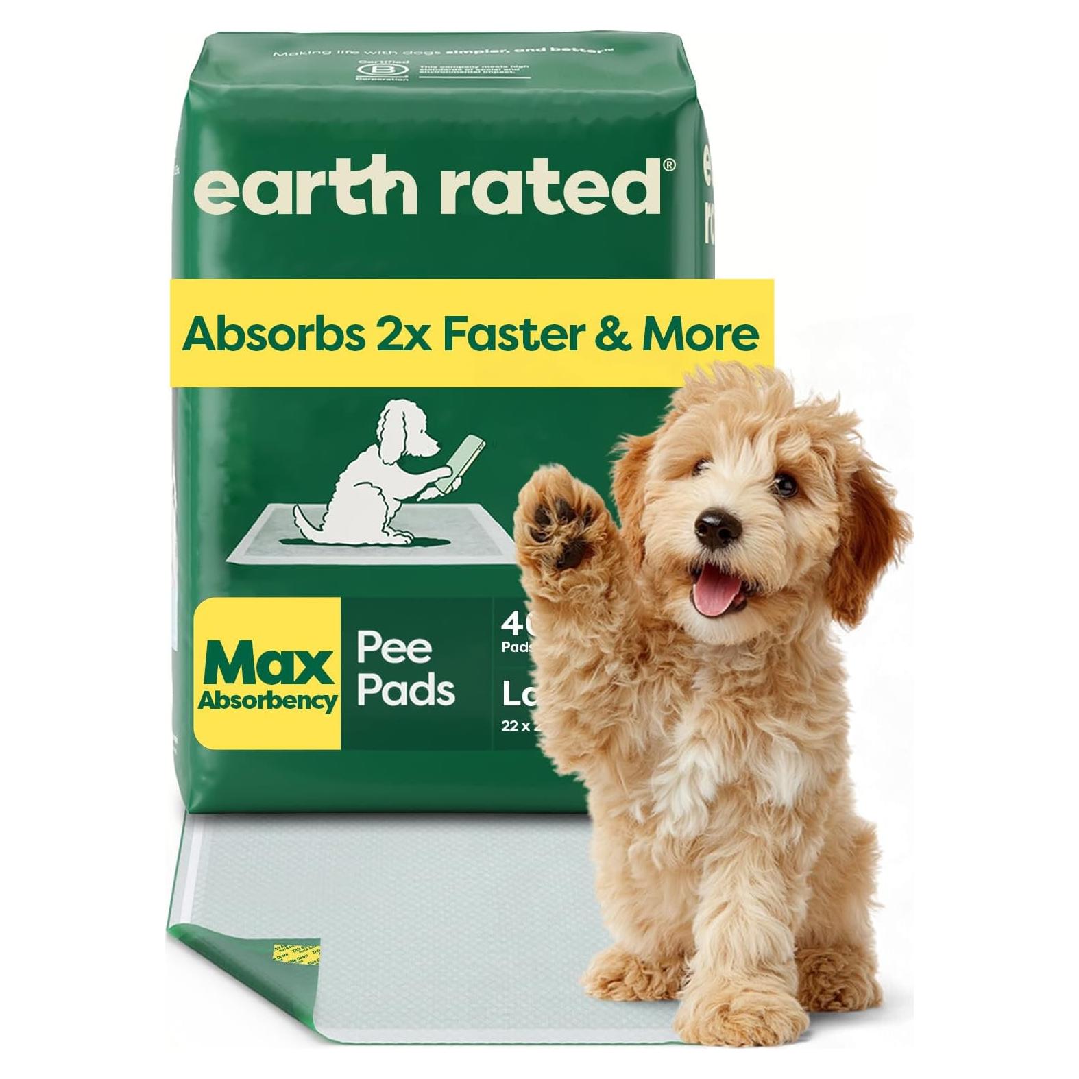Earth Rated Max Absorbency Puppy Pee Pads for Dogs Absorbs 2X Faster & 2X More, Leak-Proof, Odor Control Potty Training, Unscented, Large, 22” x 23”, 40 Count