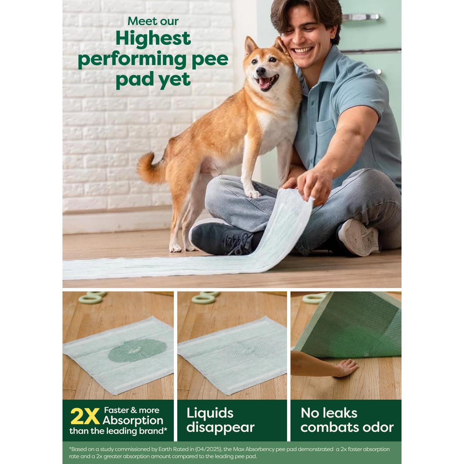 Earth Rated Max Absorbency Puppy Pee Pads for Dogs Absorbs 2X Faster & 2X More, Leak-Proof, Odor Control Potty Training, Unscented, Large, 22” x 23”, 40 Count