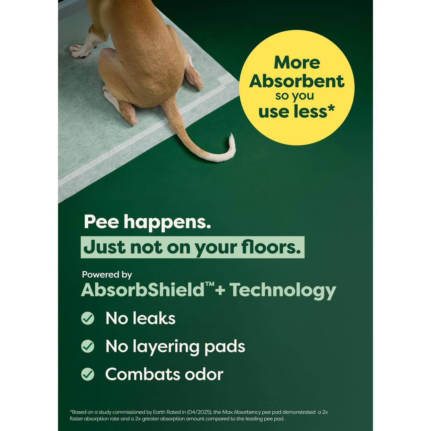 Earth Rated Max Absorbency Puppy Pee Pads for Dogs Absorbs 2X Faster & 2X More, Leak-Proof, Odor Control Potty Training, Unscented, Large, 22” x 23”, 40 Count