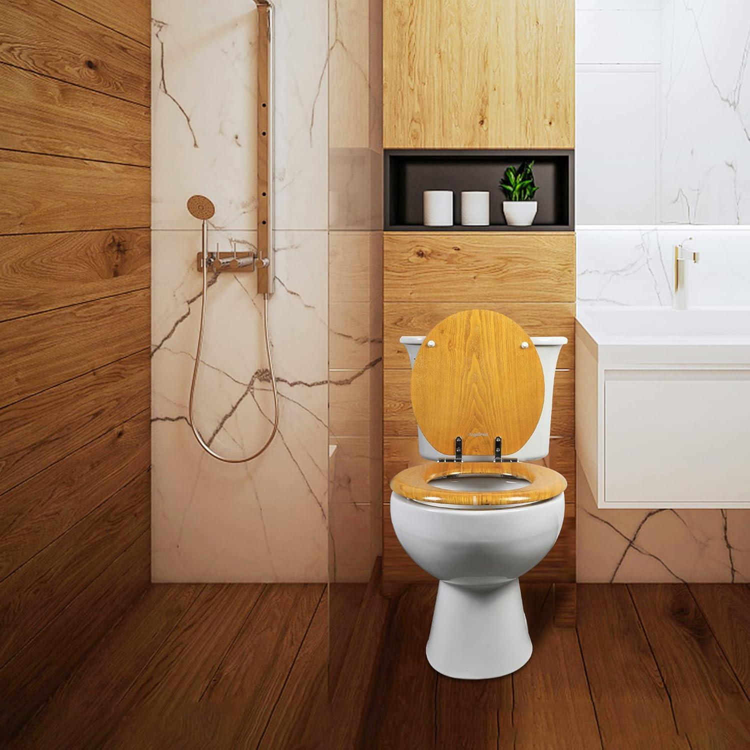 Asiento de Inodoro Alargado Angel Shield Madera Roble Cierre Silencioso