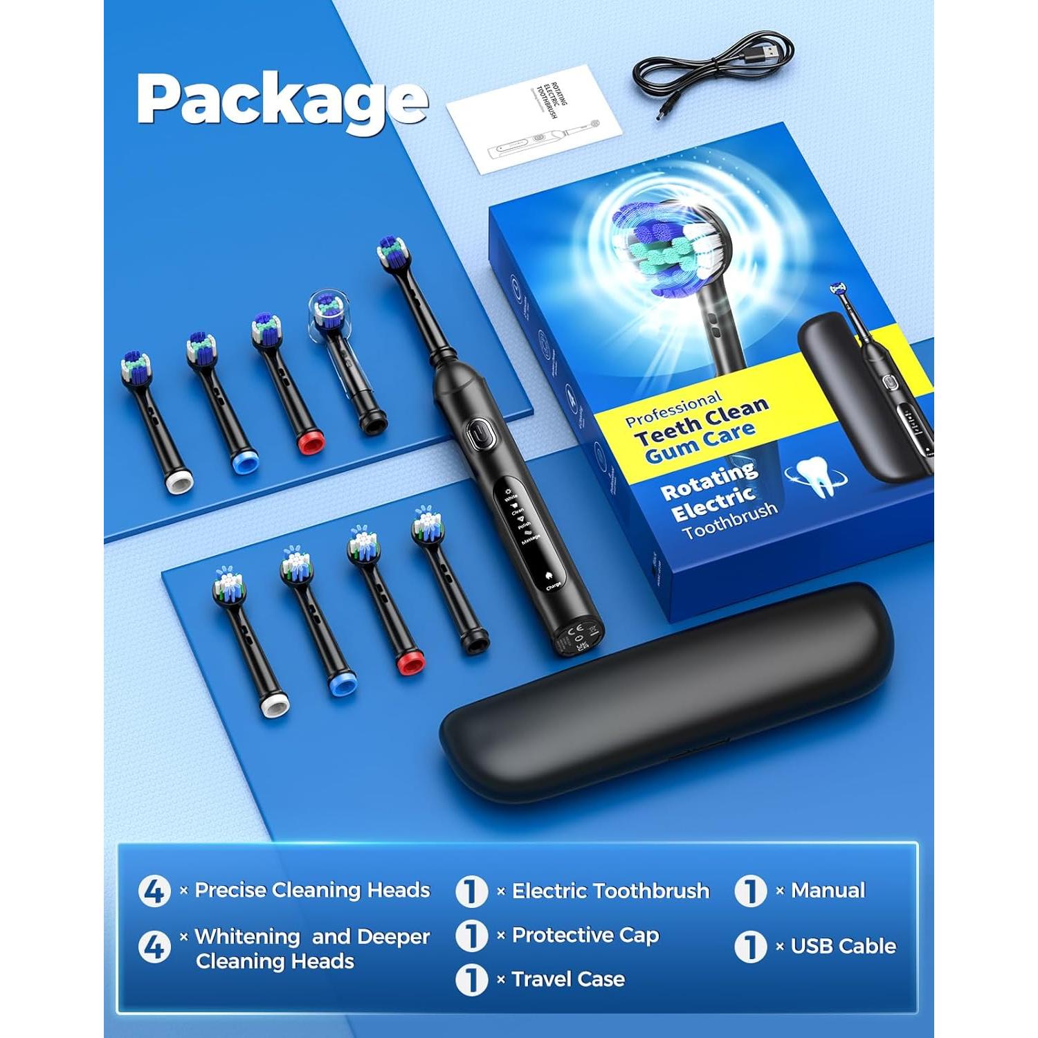 Cepillo de Dientes Eléctrico Rotativo TEETHEORY con 8 Cabezas