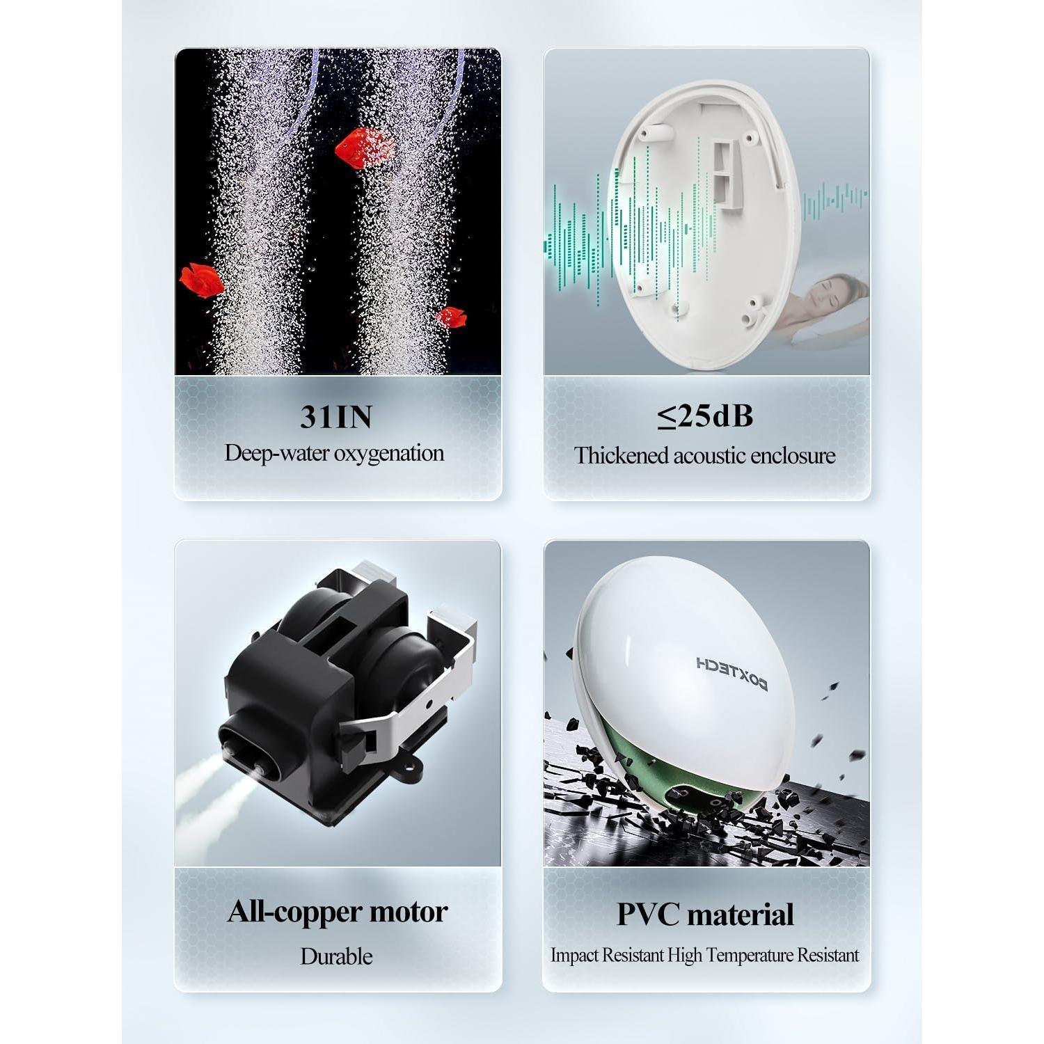 boxtech Aquarium Air Pump,Oxygen Fish Air Pump with Adjustable Air Valve, Fish Tank Air Pump with Accessories Tube, Bubble Stone and Check Valve, Fish Tank Aerator Kit