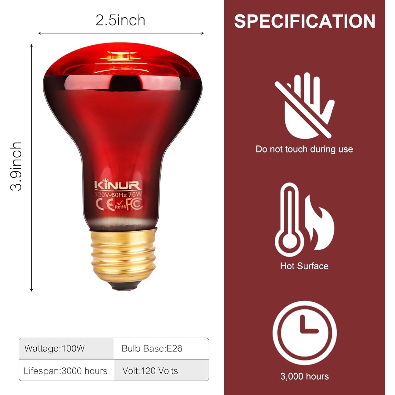 Lámpara de Calor Infrarrojo KINUR 75W E26 para Reptiles - Paquete de 2