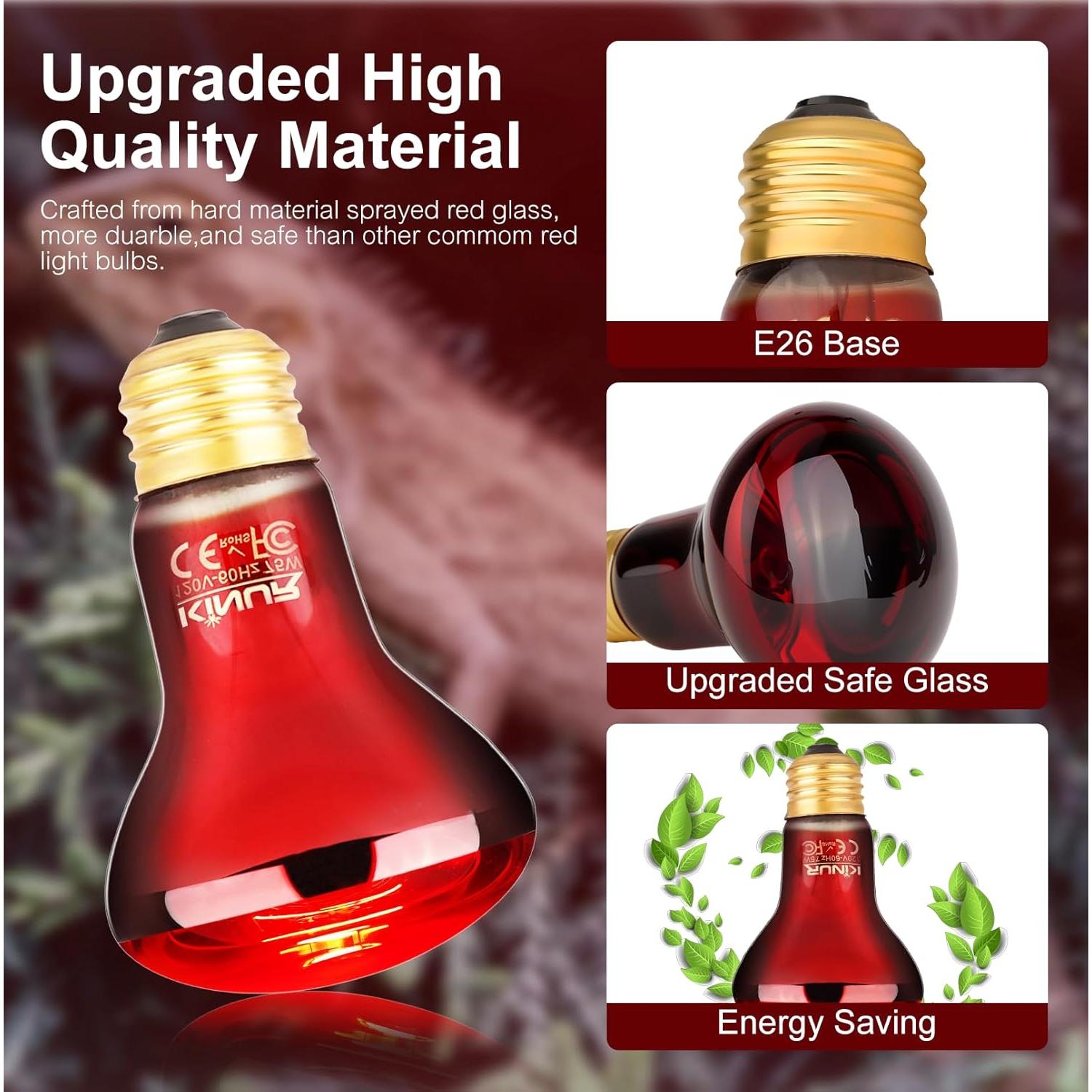 Lámpara de Calor Infrarrojo KINUR 75W E26 para Reptiles - Paquete de 2