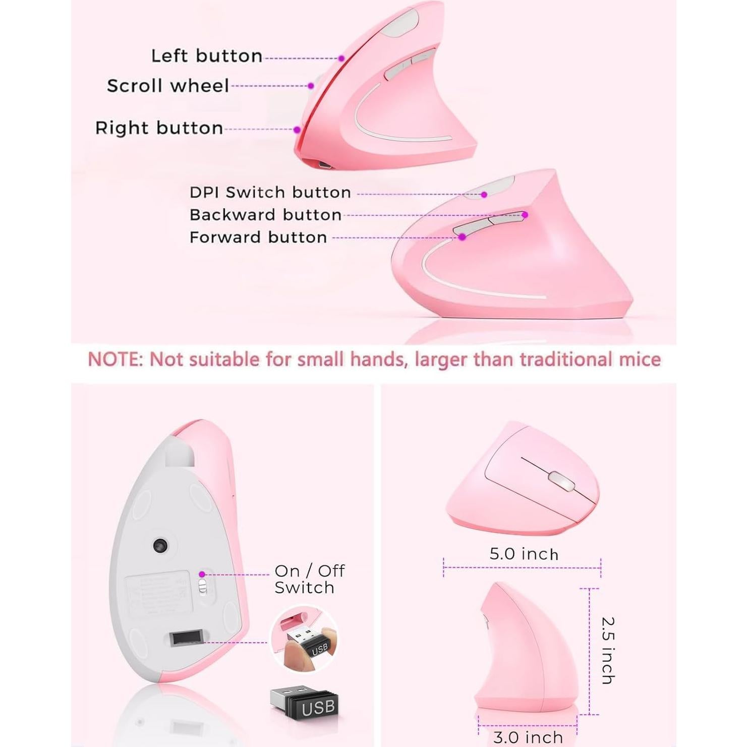 Ratón Ergonómico Inalámbrico BeWishes Rosa 3 DPI Ajustables