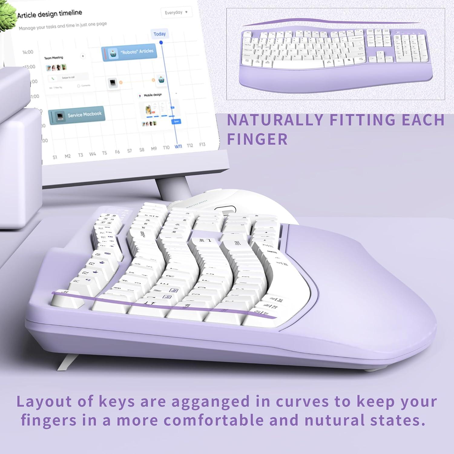 Combo Teclado y Ratón Inalámbricos Ergonómicos RECCAZR Púrpura