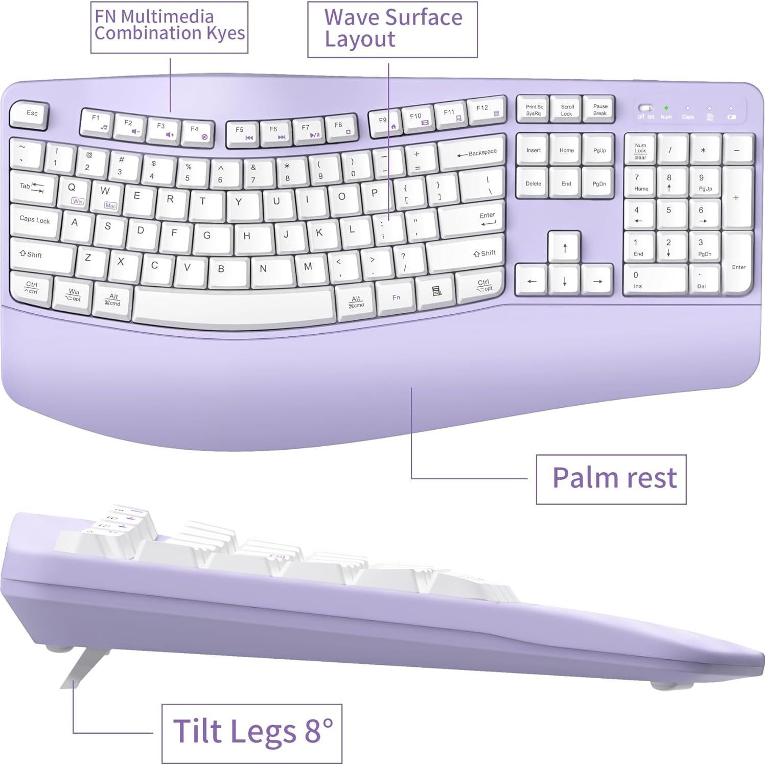 Combo Teclado y Ratón Inalámbricos Ergonómicos RECCAZR Púrpura
