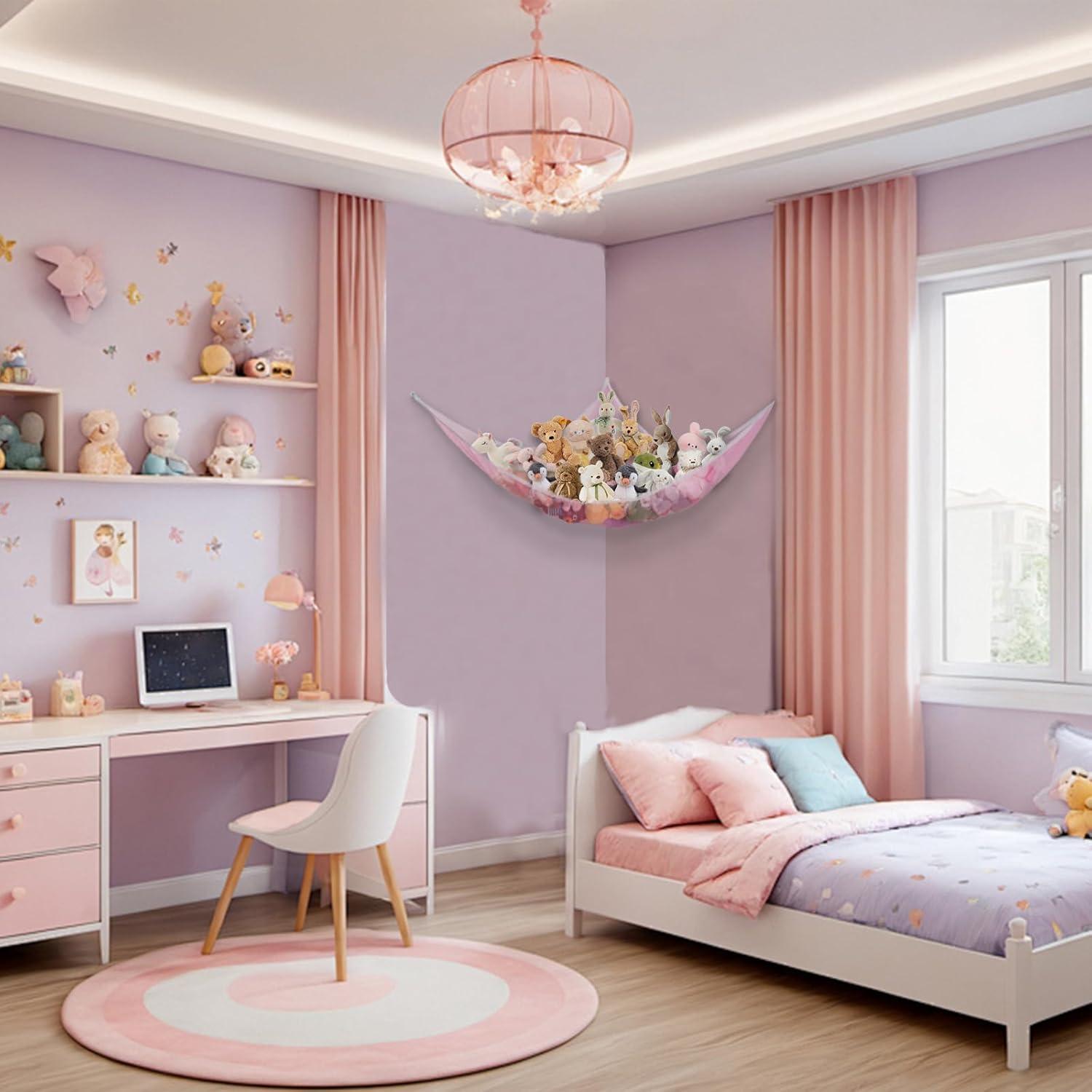 Hamaca de Almacenamiento de Peluches Powkoo Rosa Grande 213x150 cm