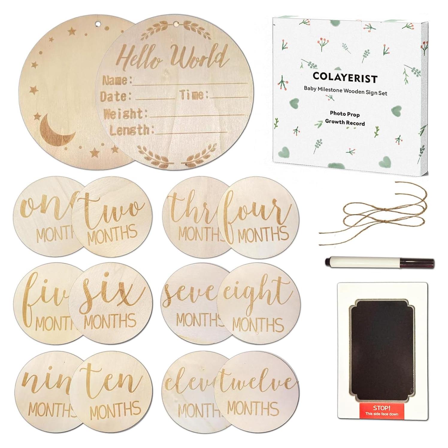 Juego de 12 Señales de Hito Mensual para Bebés - Madera