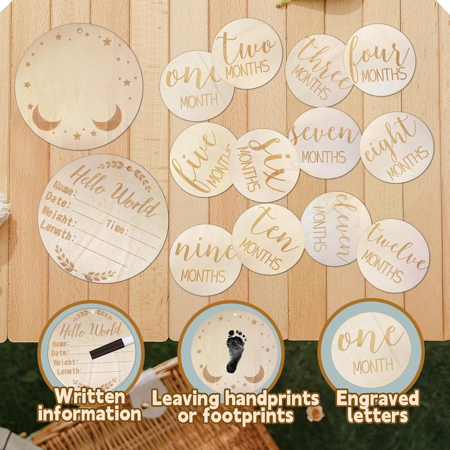 Juego de 12 Señales de Hito Mensual para Bebés - Madera