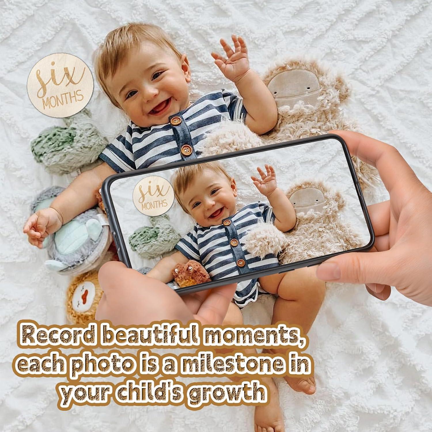 Juego de 12 Señales de Hito Mensual para Bebés - Madera