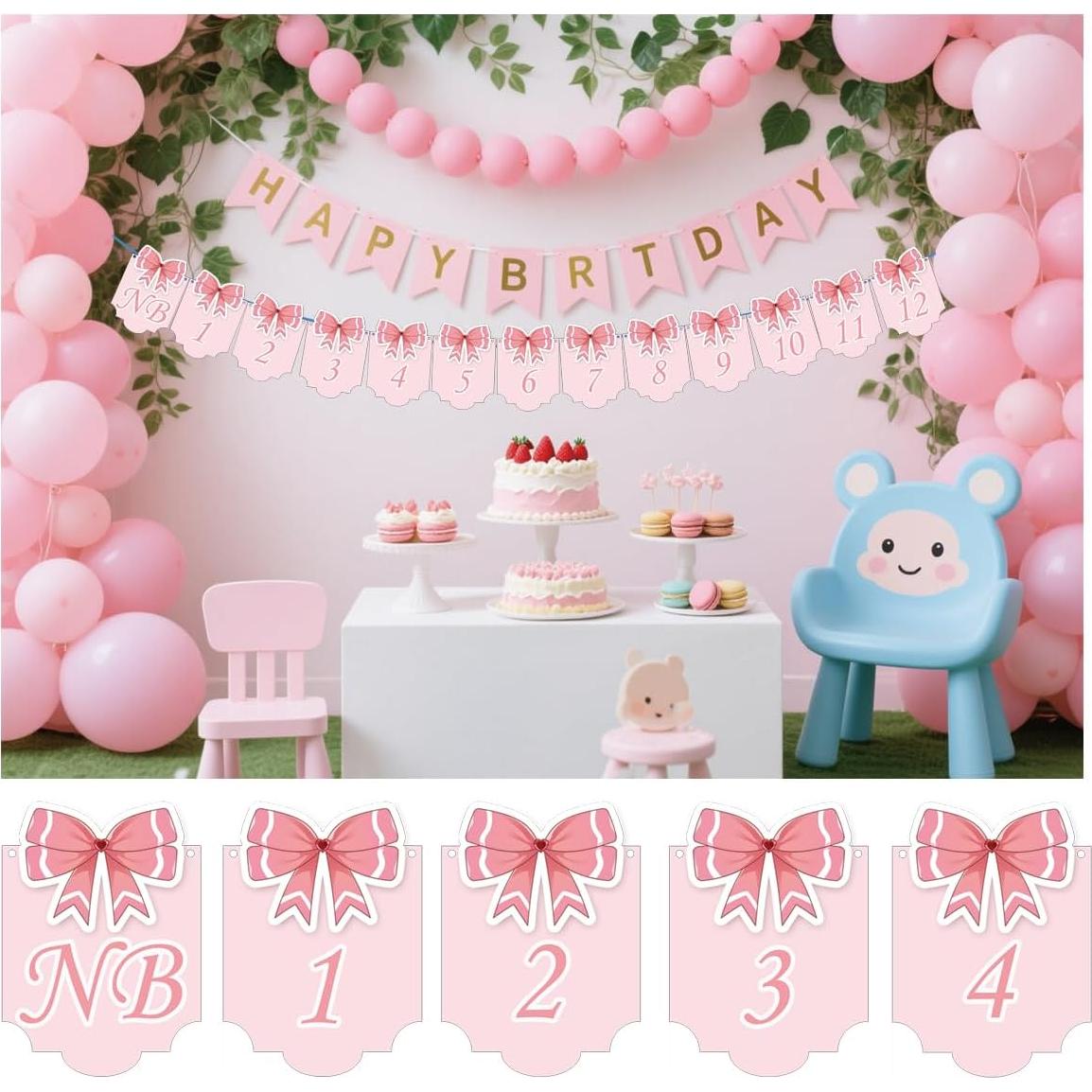 Conjunto de 2 Banners de Fotos de Bebé 12 Meses Lazo Rosa